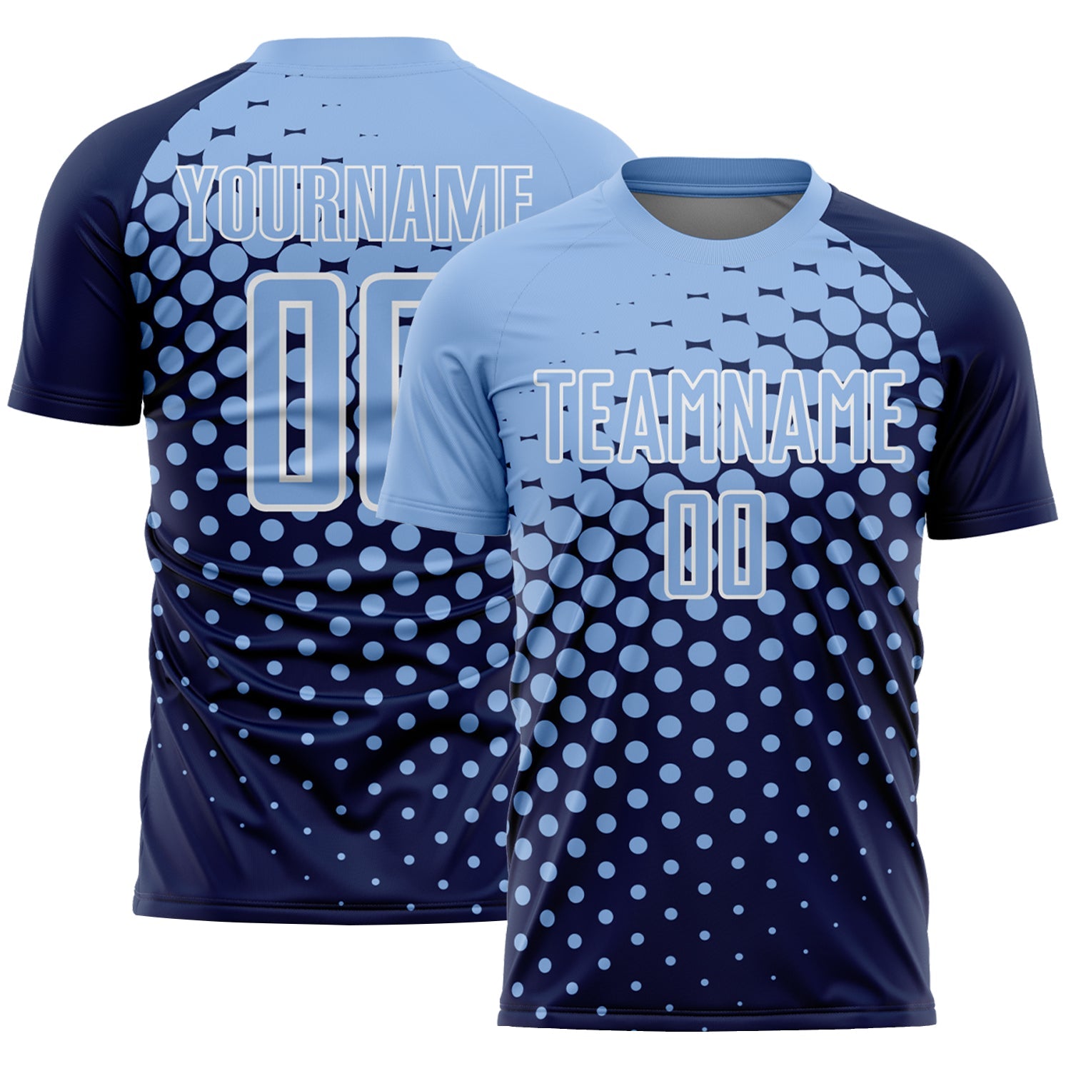 Custom Navy Light Blue-White Modern Polka Dot Sublimation Soccer Uniform Jersey - Main View