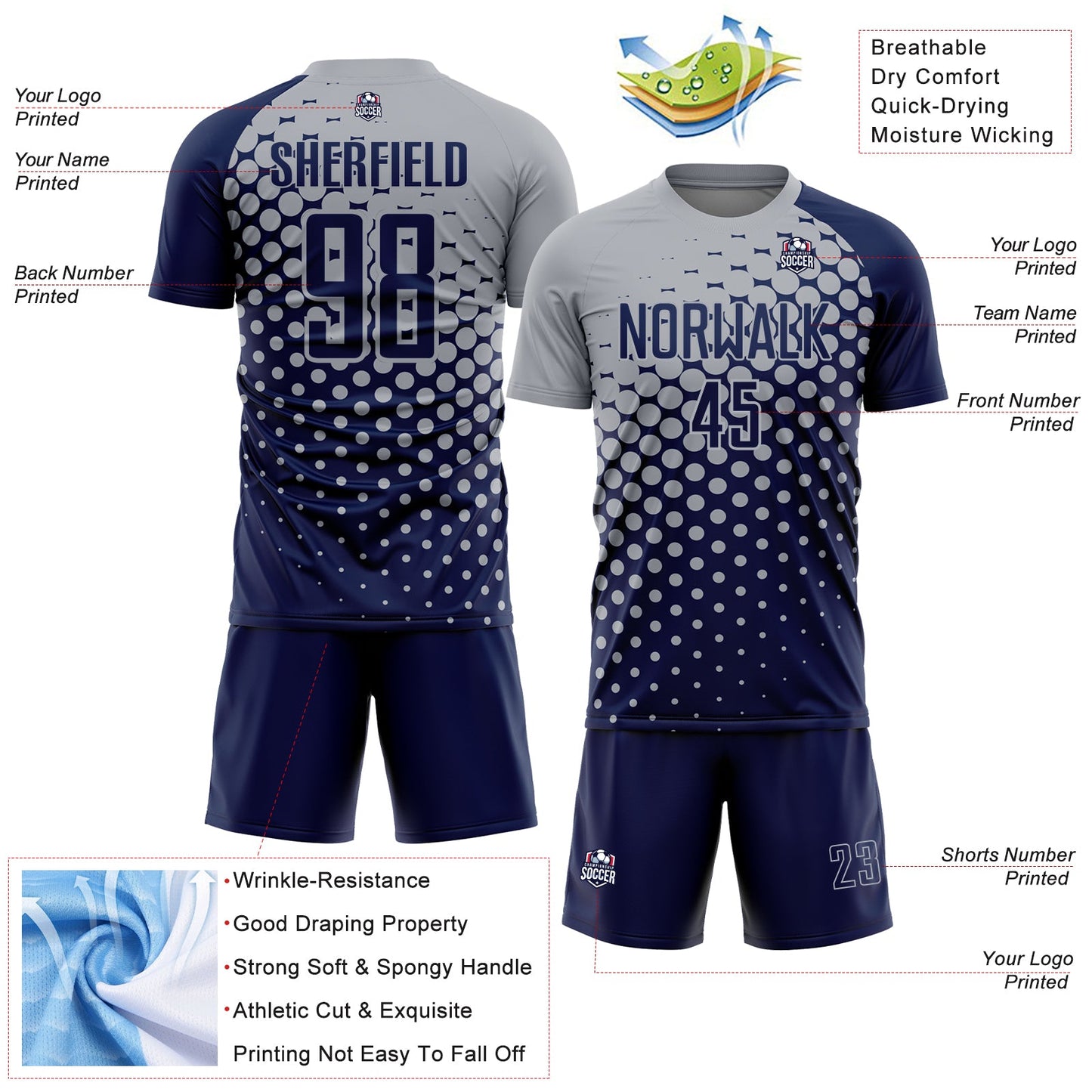 Custom Navy Gray Modern Polka Dot Sublimation Soccer Uniform Jersey view 4