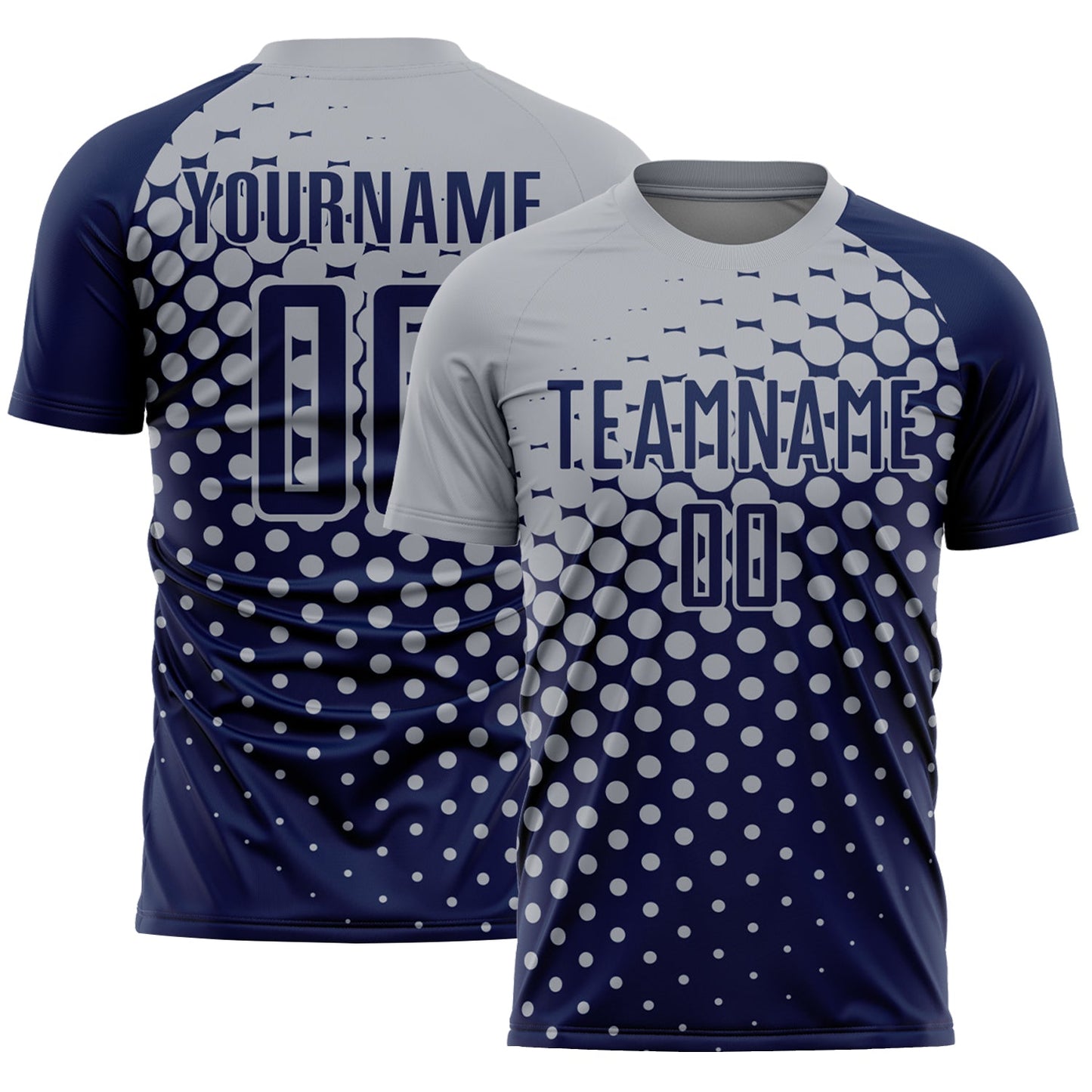 Custom Navy Gray Modern Polka Dot Sublimation Soccer Uniform Jersey - Main View