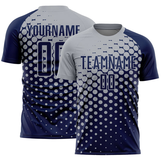 Custom Navy Gray Modern Polka Dot Sublimation Soccer Uniform Jersey - Main View