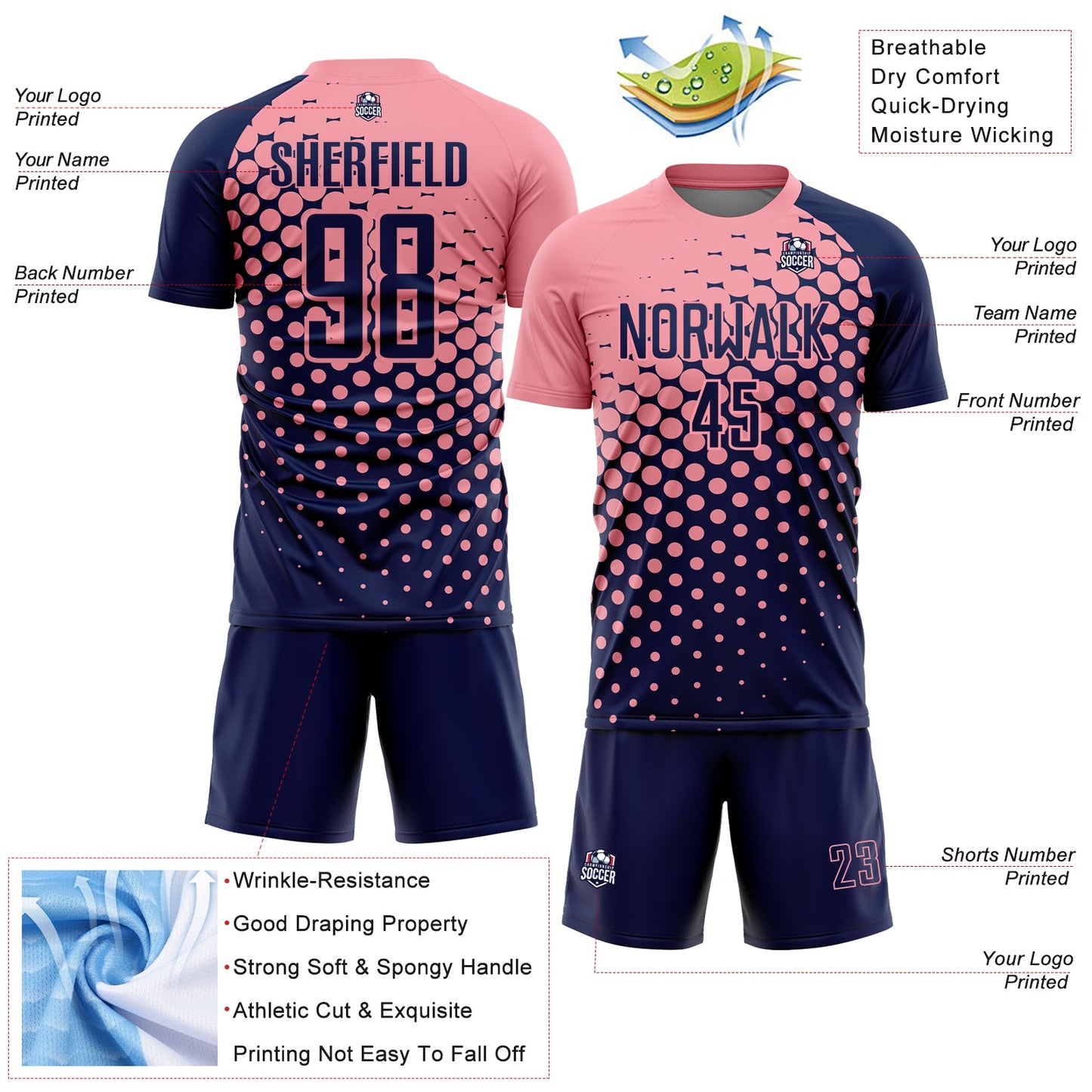 Custom Navy Medium Pink Modern Polka Dot Sublimation Soccer Uniform Jersey view 4