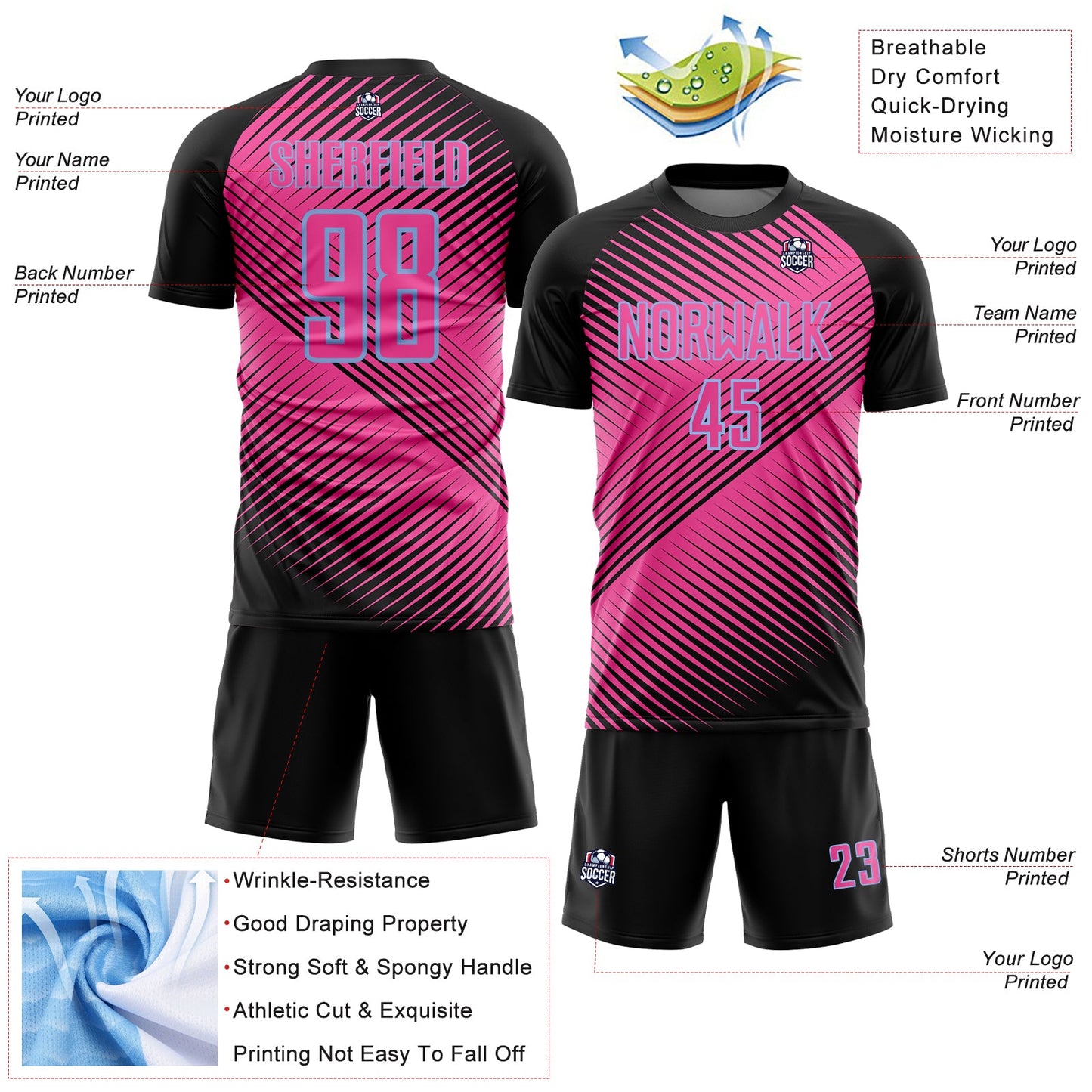 Custom Black Pink-Light Blue Line Sublimation Soccer Uniform Jersey view 4