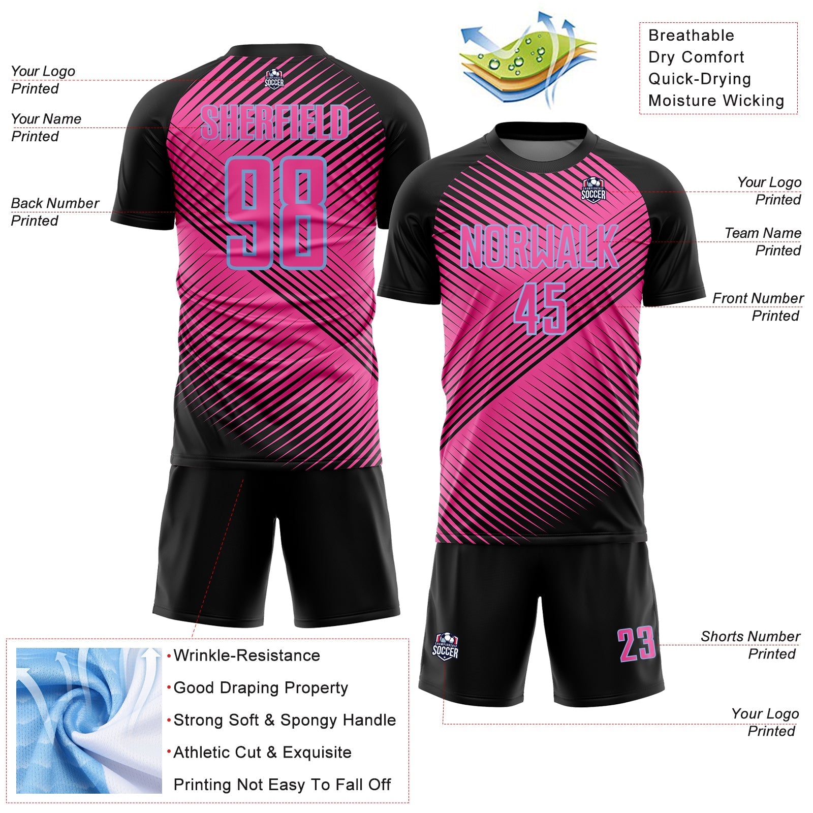 Custom Black Pink-Light Blue Line Sublimation Soccer Uniform Jersey view 4