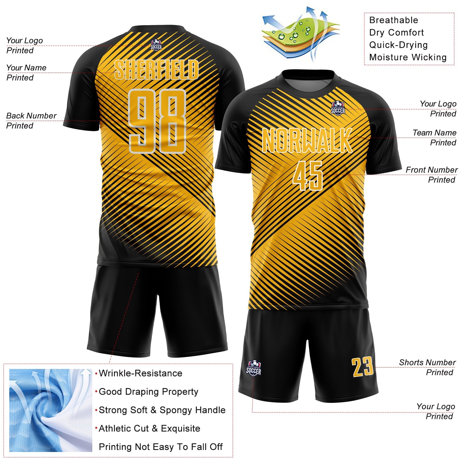 Custom Black Gold-White Line Sublimation Soccer Uniform Jersey view 4