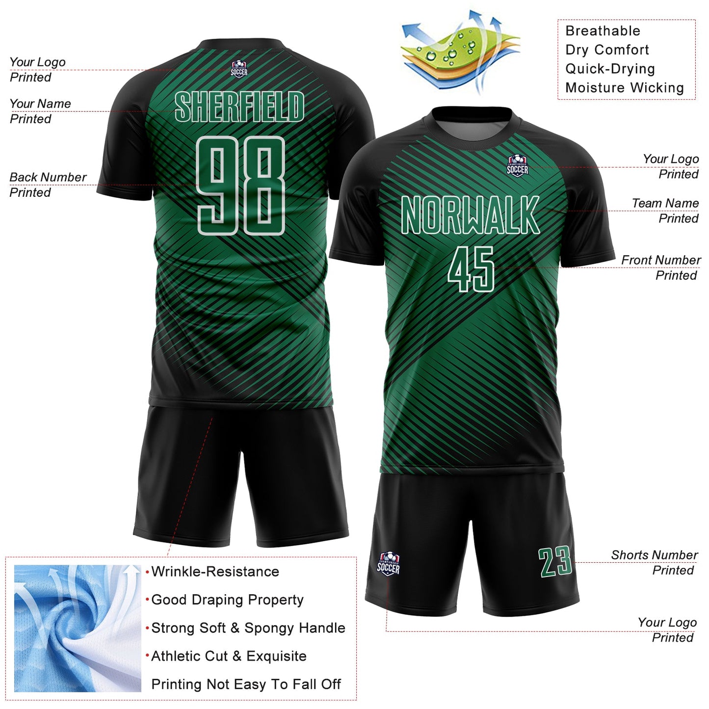 Custom Black Kelly Green-White Line Sublimation Soccer Uniform Jersey view 4