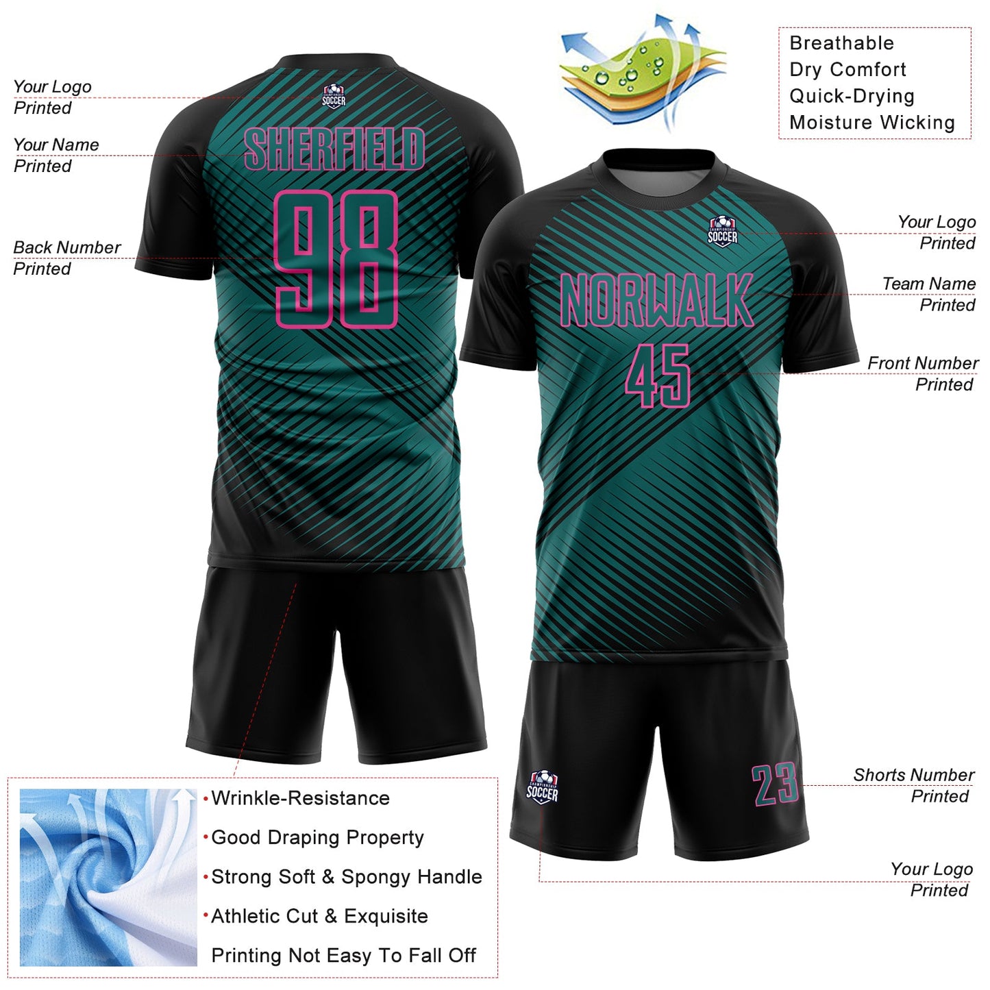 Custom Black Teal-Pink Line Sublimation Soccer Uniform Jersey view 4