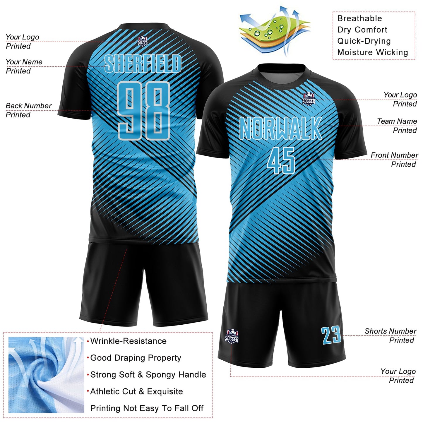 Custom Black Sky Blue-White Line Sublimation Soccer Uniform Jersey view 4
