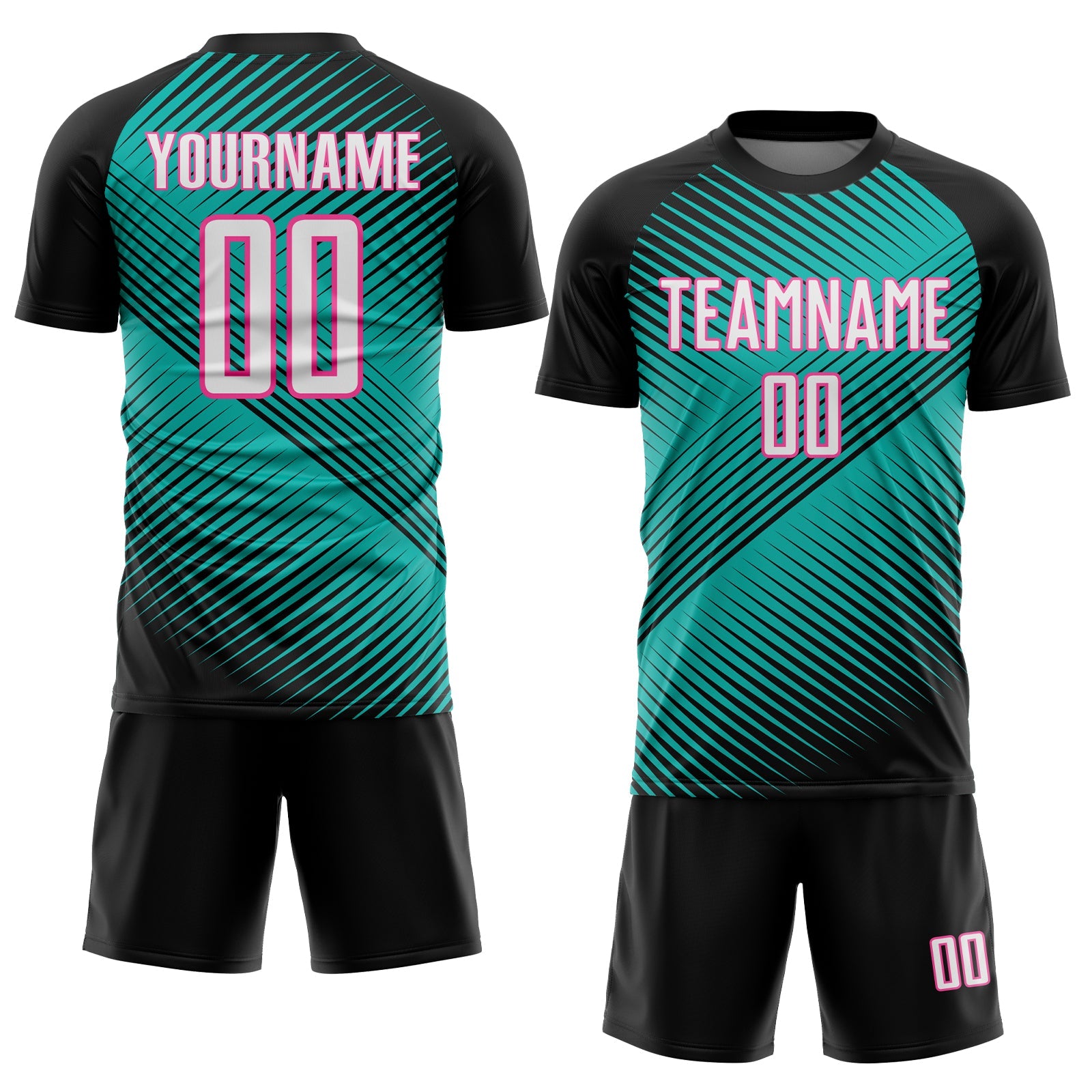 Custom Black White Aqua-Pink Line Sublimation Soccer Uniform Jersey view 2