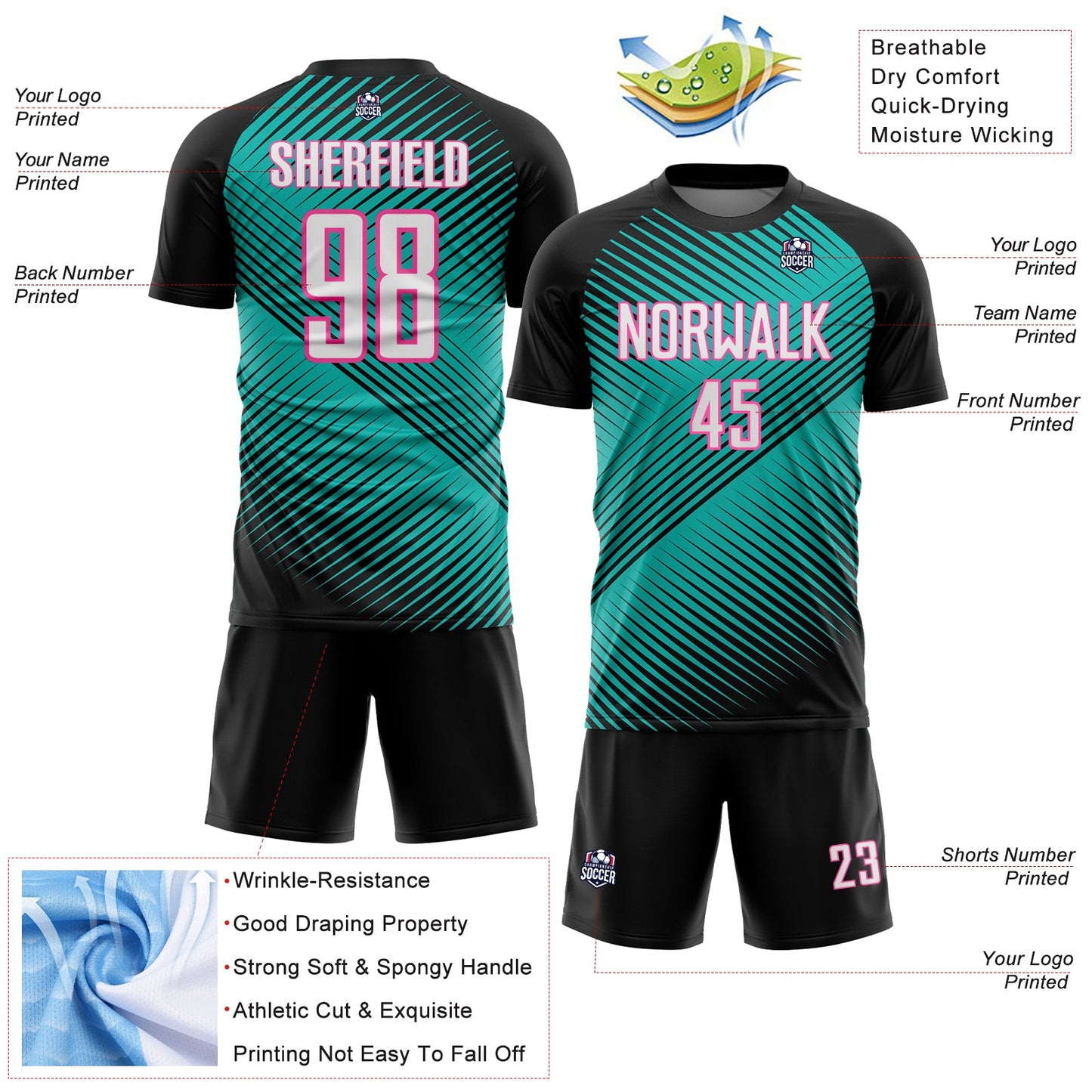 Custom Black White Aqua-Pink Line Sublimation Soccer Uniform Jersey view 4