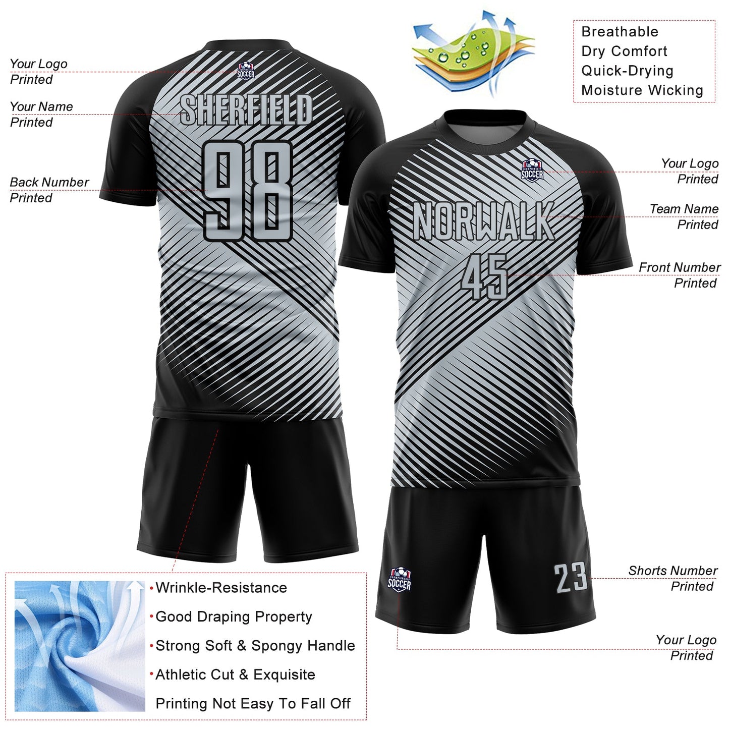 Custom Black Silver Line Sublimation Soccer Uniform Jersey view 4