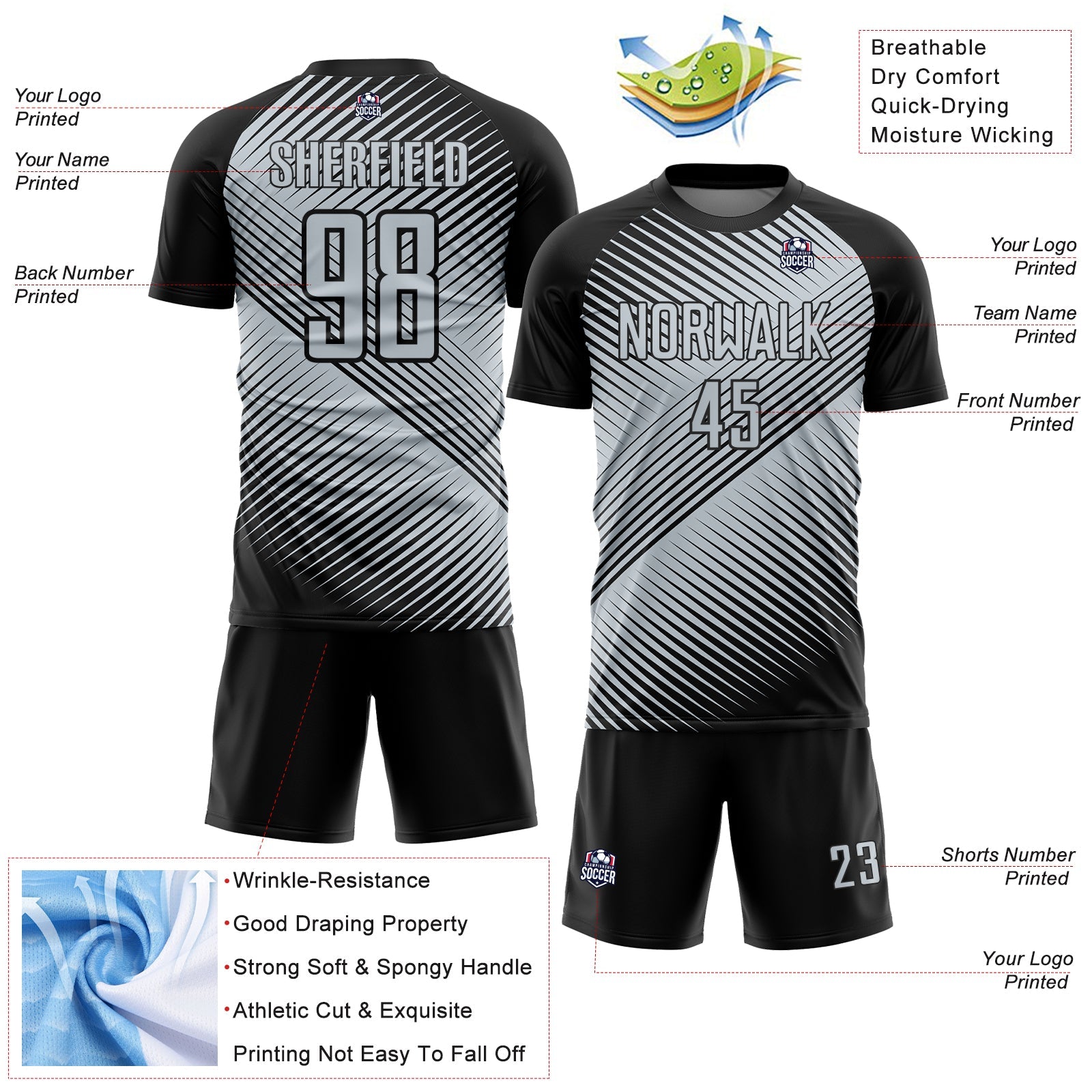 Custom Black Silver Line Sublimation Soccer Uniform Jersey view 4