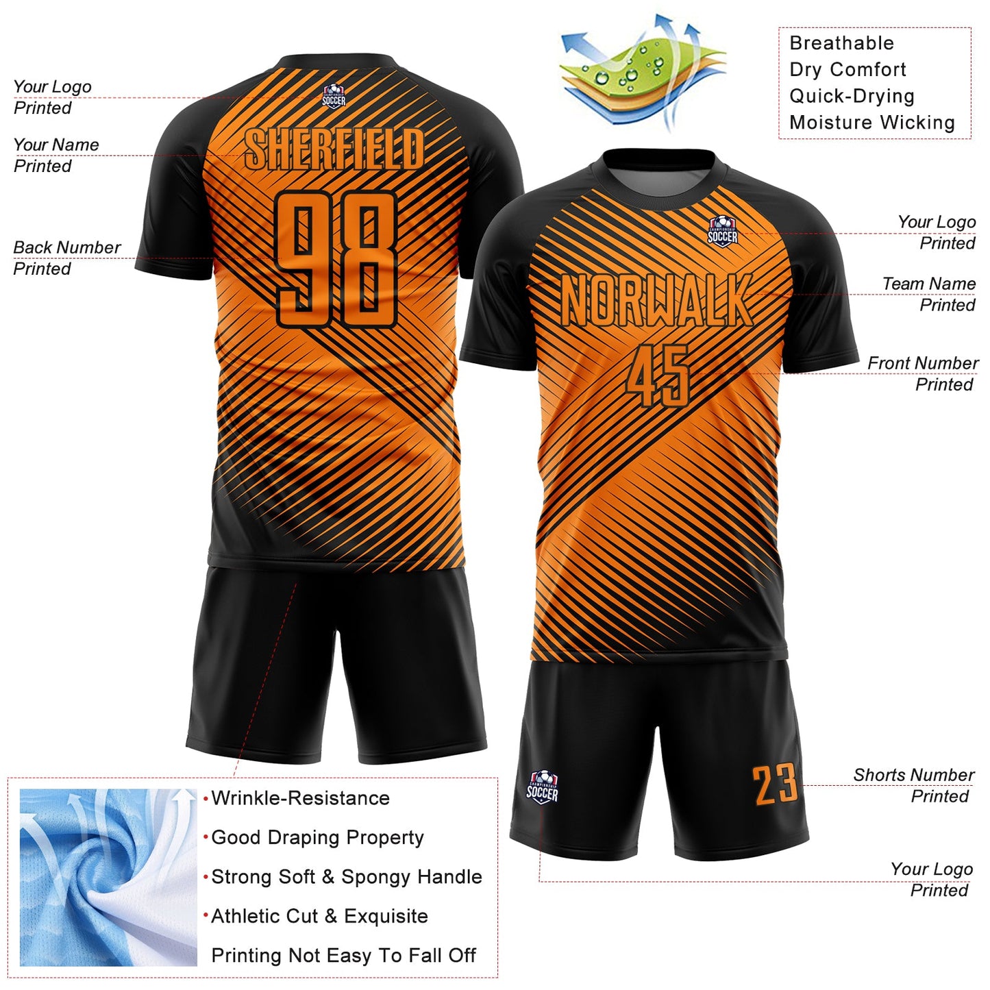 Custom Black Bay Orange Line Sublimation Soccer Uniform Jersey view 4
