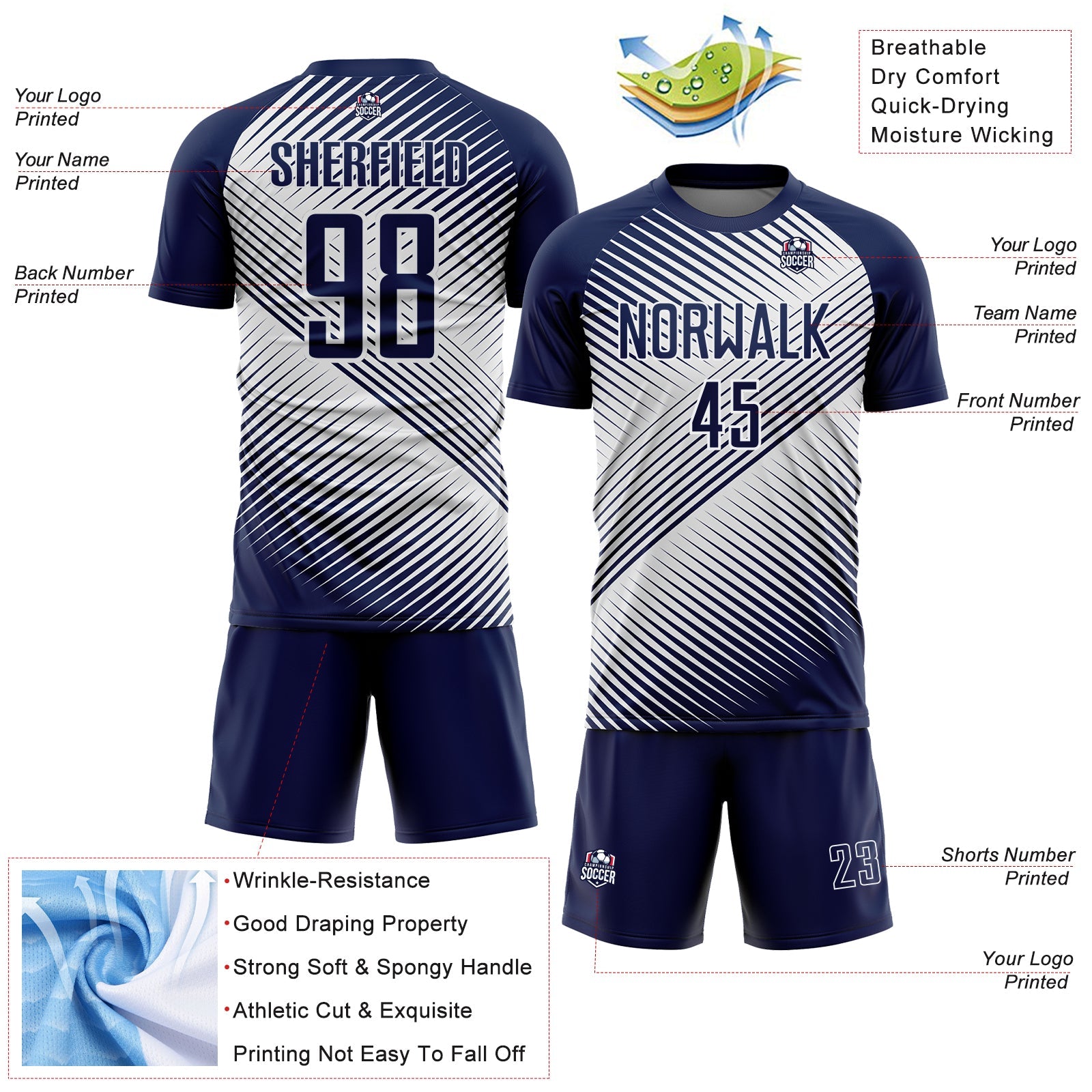 Custom Navy White Line Sublimation Soccer Uniform Jersey view 4