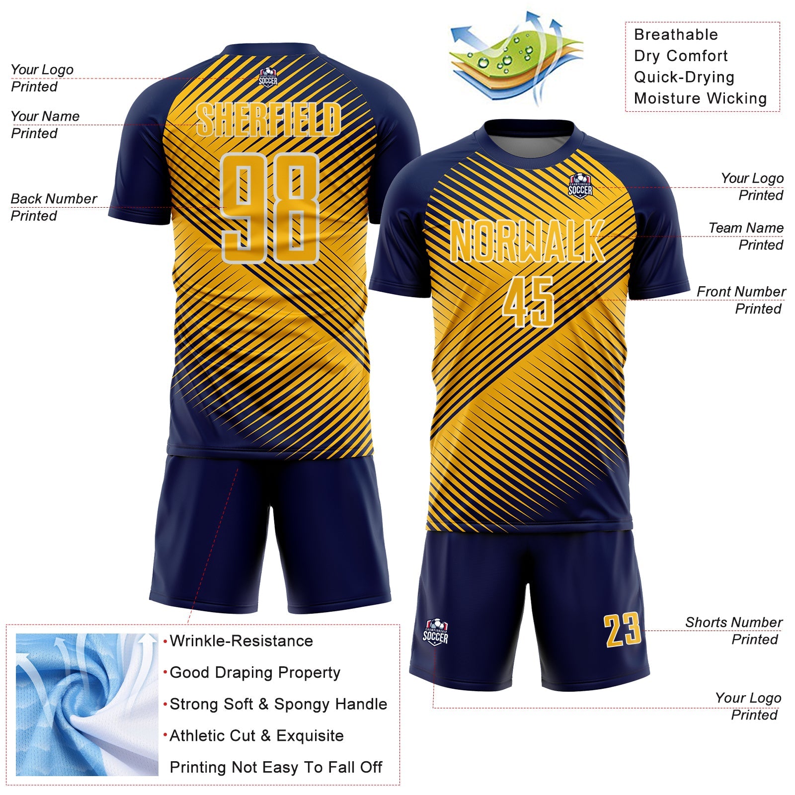 Custom Navy Gold-White Line Sublimation Soccer Uniform Jersey view 4