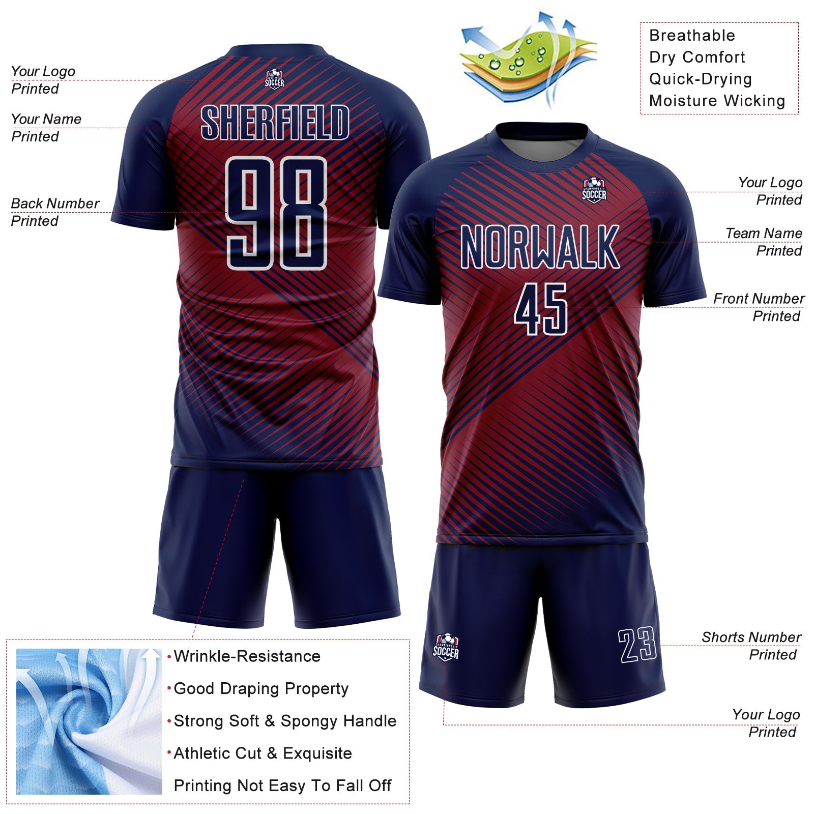 Custom Navy Crimson-White Line Sublimation Soccer Uniform Jersey view 4