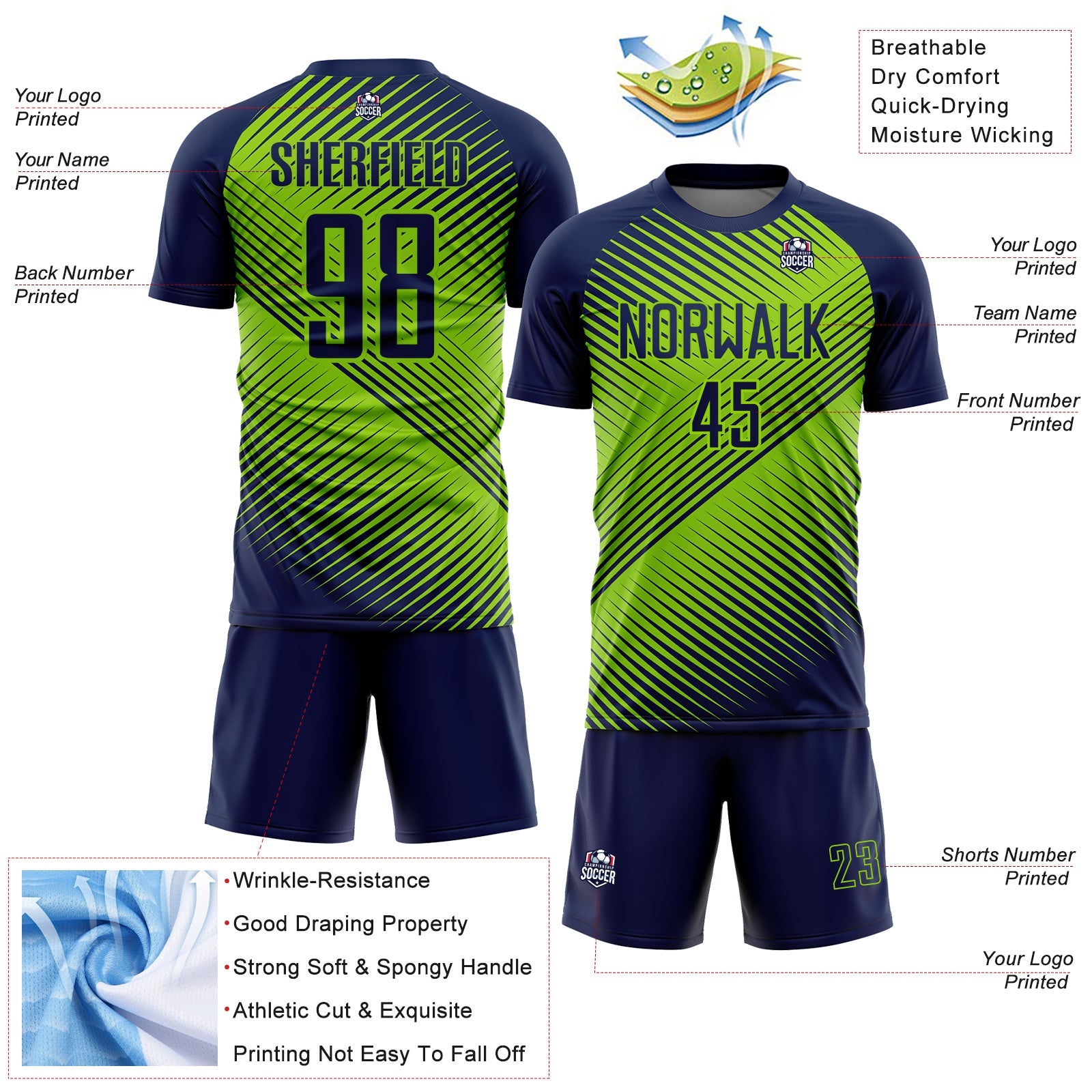 Custom Navy Neon Green Line Sublimation Soccer Uniform Jersey view 4