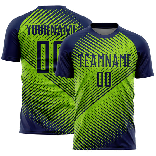Custom Navy Neon Green Line Sublimation Soccer Uniform Jersey - Main View