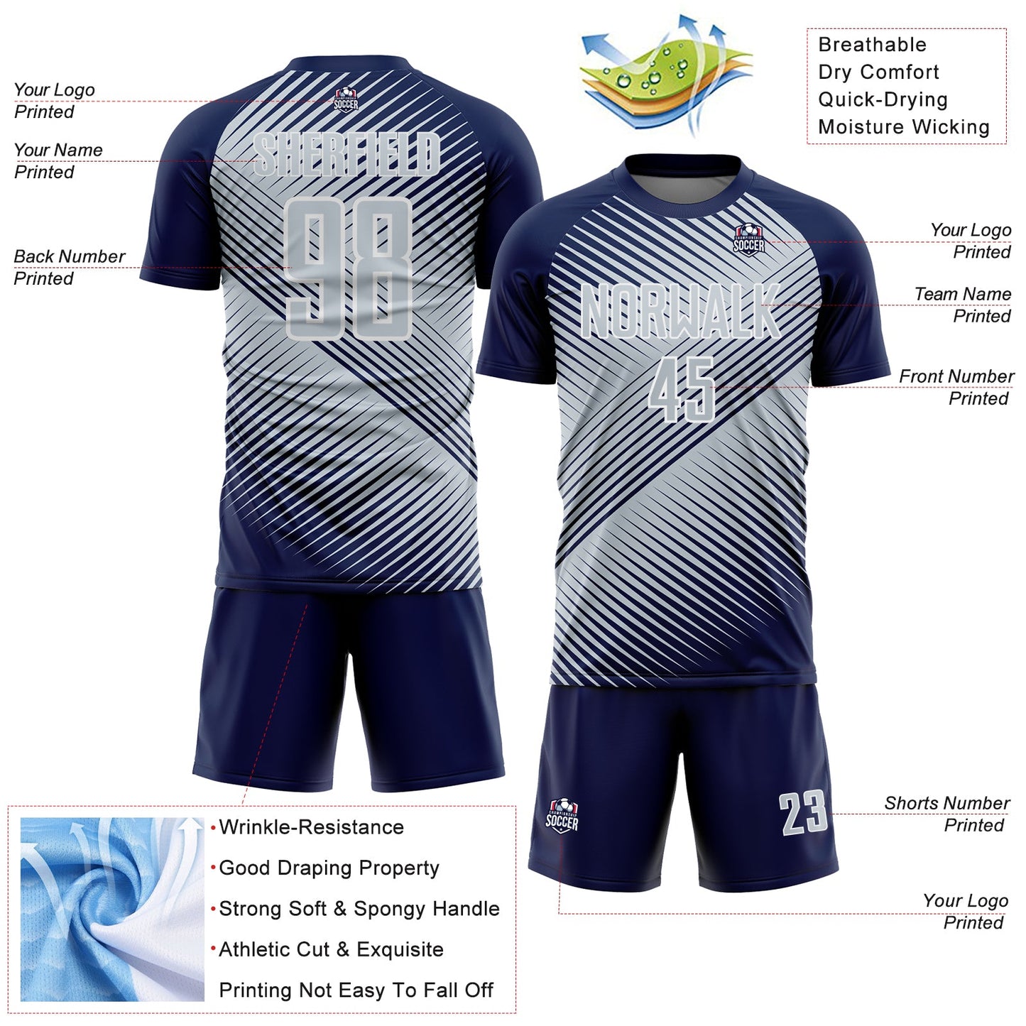 Custom Navy Silver-White Line Sublimation Soccer Uniform Jersey view 4