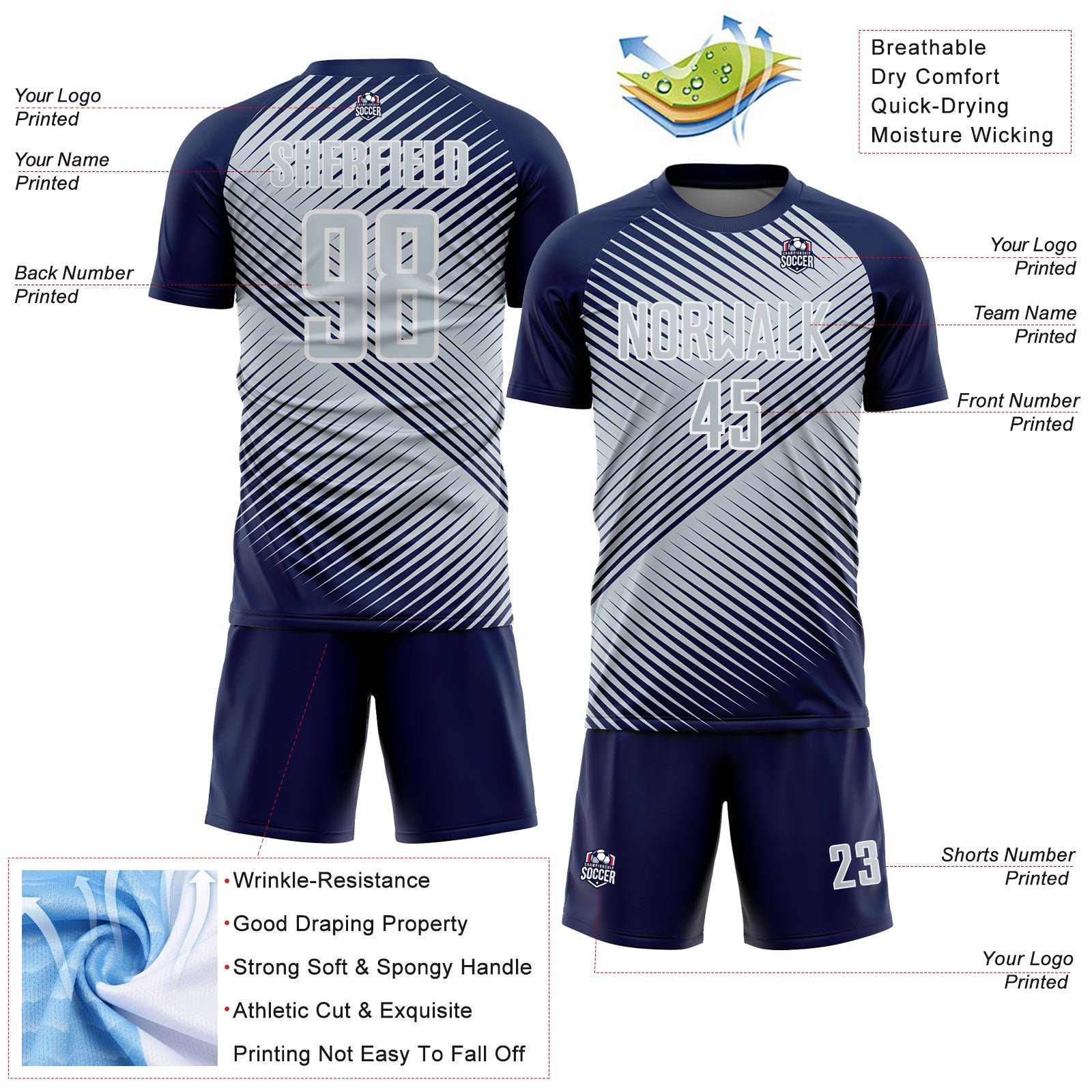 Custom Navy Silver-White Line Sublimation Soccer Uniform Jersey view 4