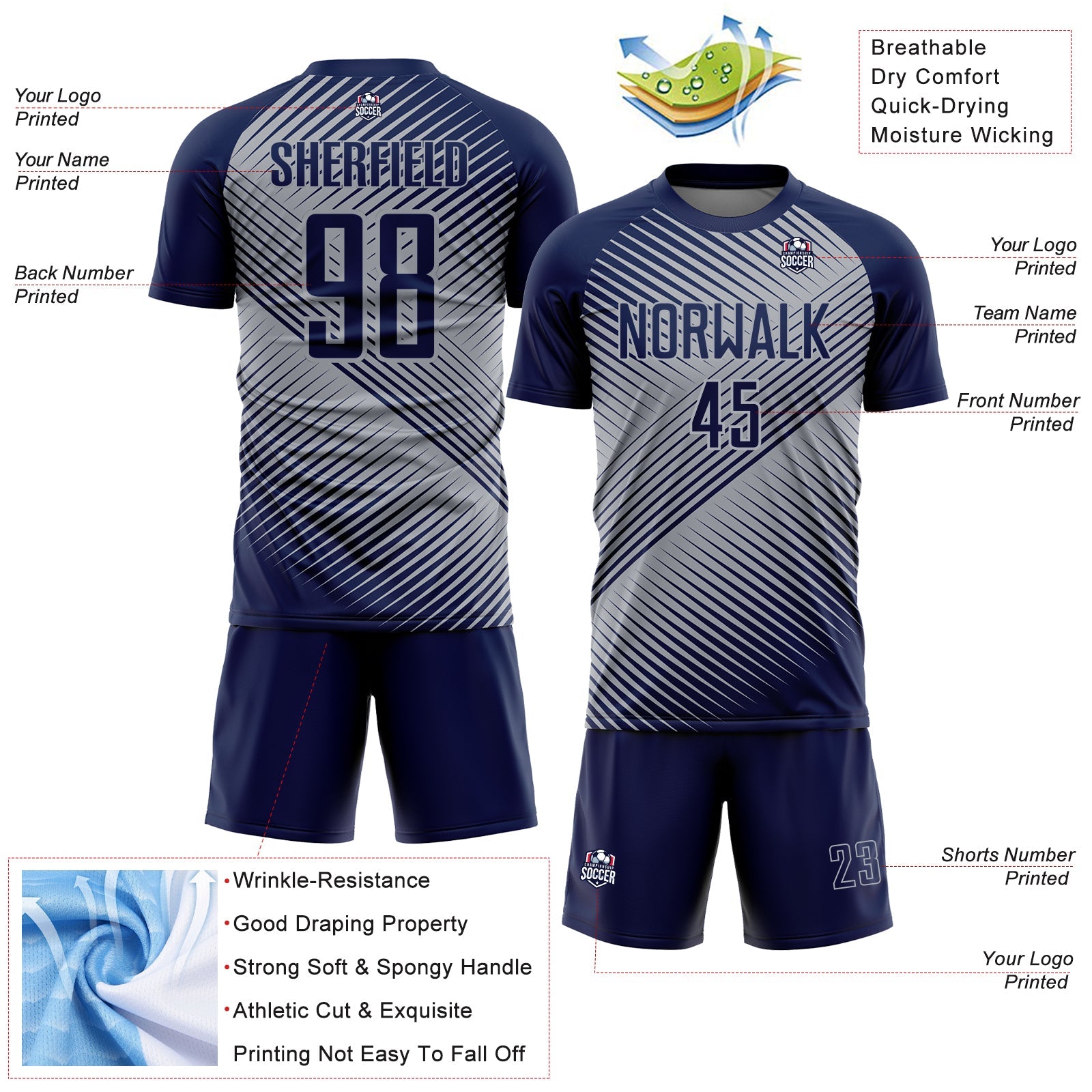 Custom Navy Gray Line Sublimation Soccer Uniform Jersey view 4