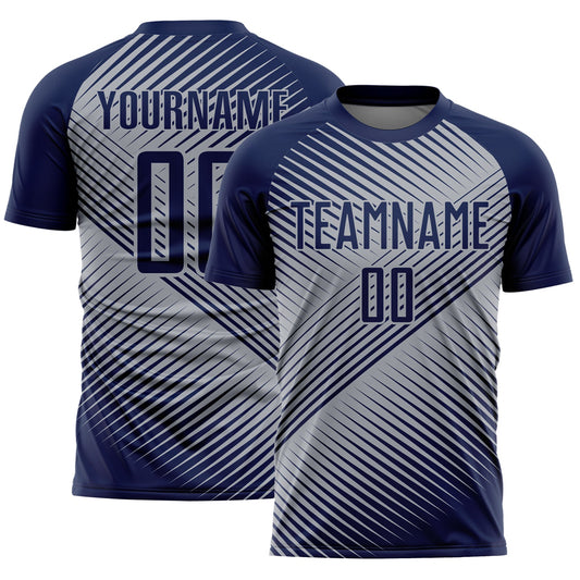 Custom Navy Gray Line Sublimation Soccer Uniform Jersey - Main View