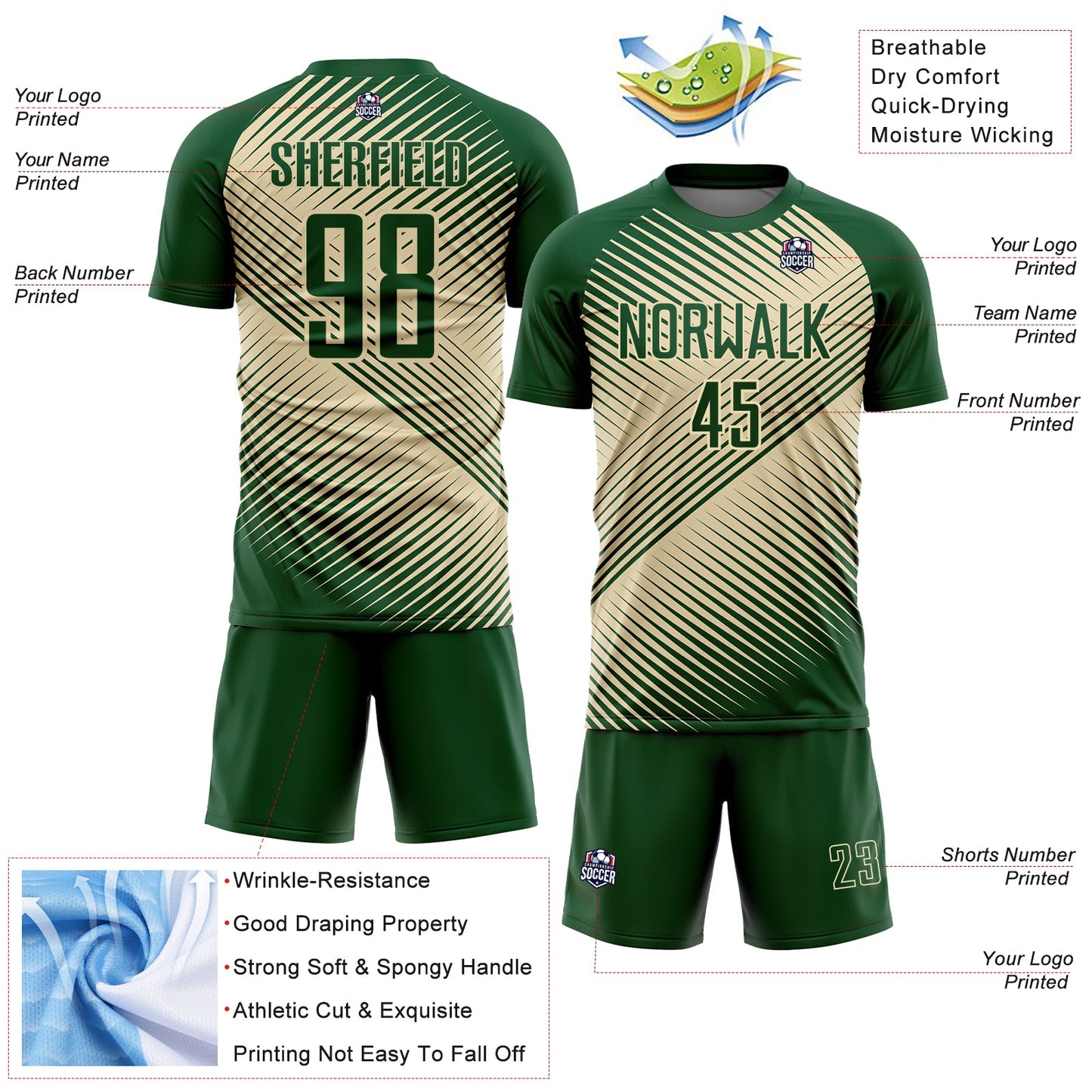 Custom Green Cream Line Sublimation Soccer Uniform Jersey view 4
