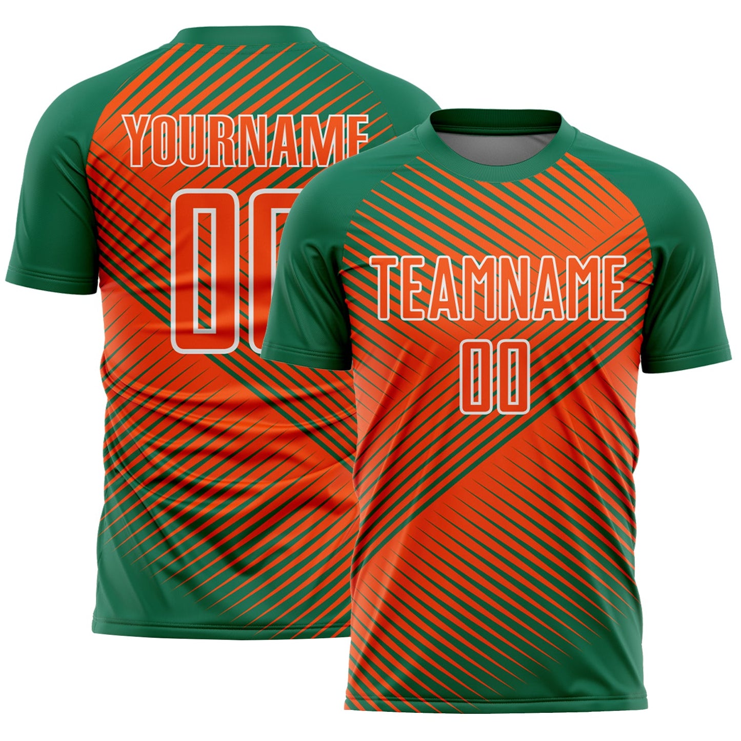 Custom Kelly Green Orange-White Line Sublimation Soccer Uniform Jersey - Main View