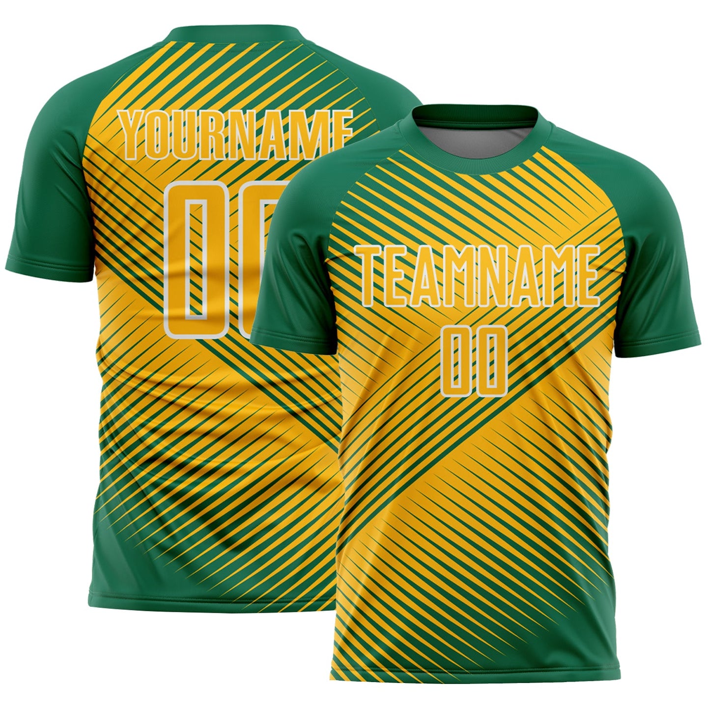 Custom Kelly Green Gold-White Line Sublimation Soccer Uniform Jersey - Main View