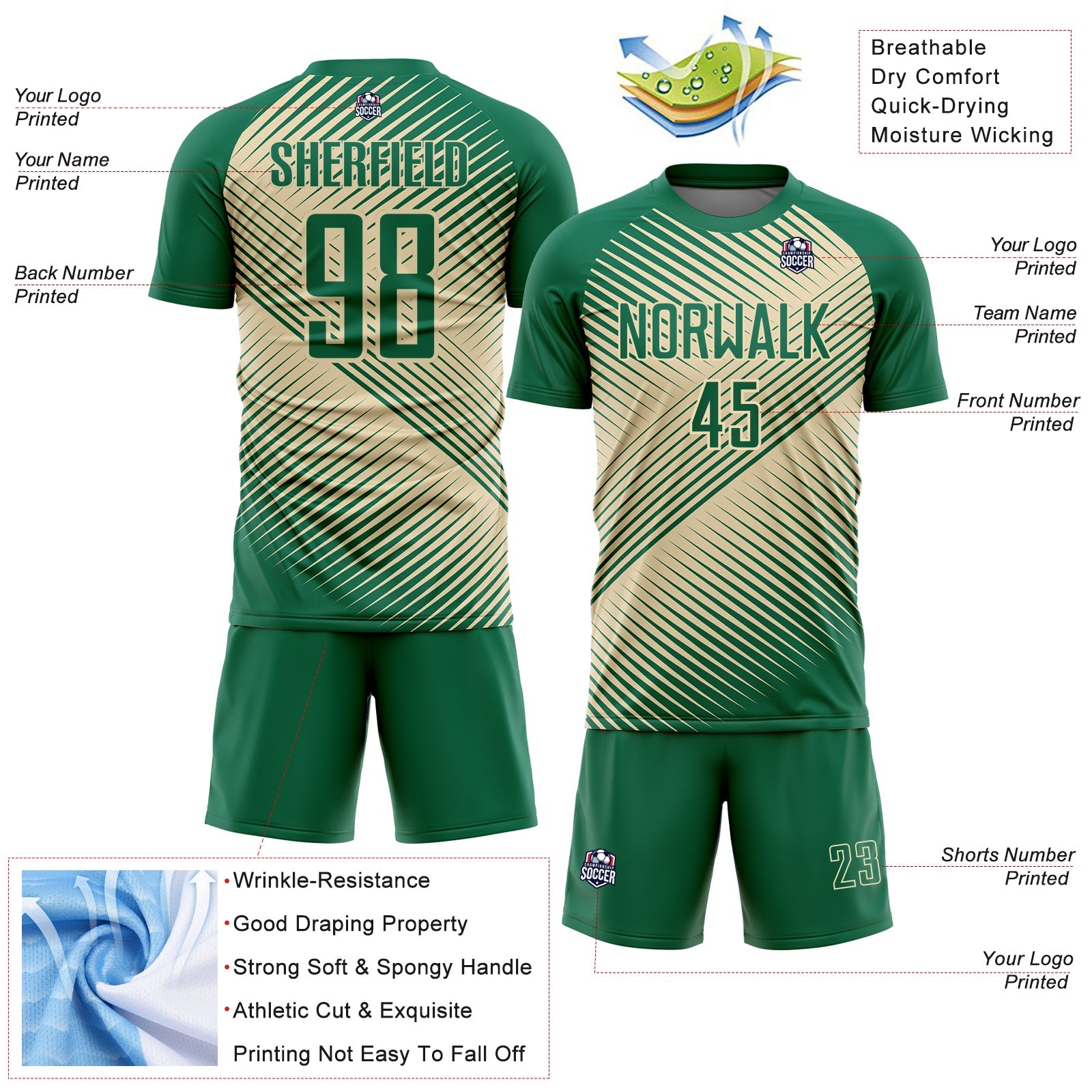 Custom Kelly Green Cream Line Sublimation Soccer Uniform Jersey view 4