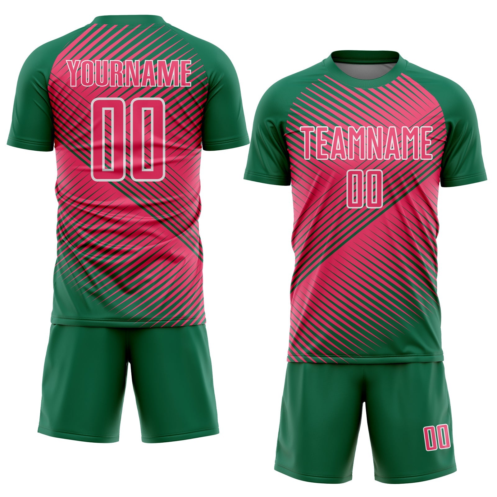 Custom Kelly Green Neon Pink-White Line Sublimation Soccer Uniform Jersey view 2