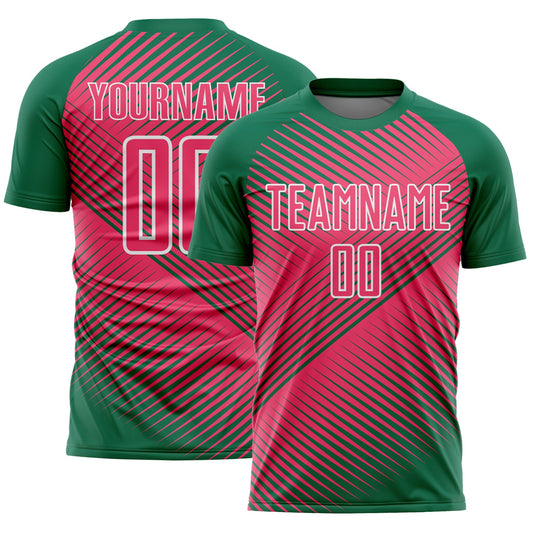 Custom Kelly Green Neon Pink-White Line Sublimation Soccer Uniform Jersey - Main View