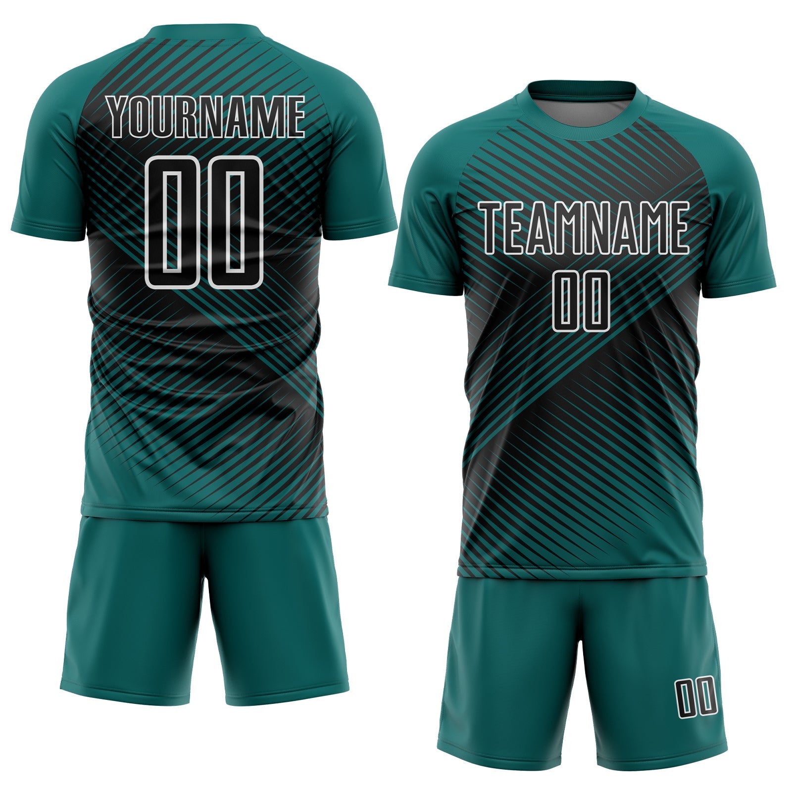 Custom Teal Black-White Line Sublimation Soccer Uniform Jersey view 2