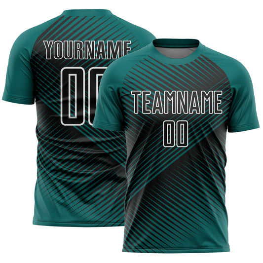Custom Teal Black-White Line Sublimation Soccer Uniform Jersey - Main View