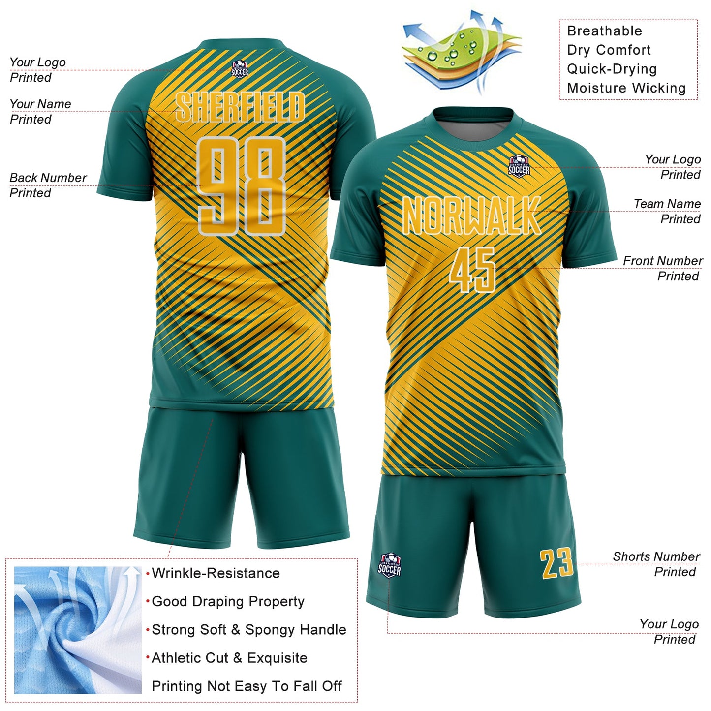 Custom Teal Gold-White Line Sublimation Soccer Uniform Jersey view 4