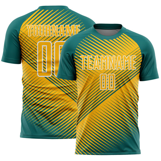 Custom Teal Gold-White Line Sublimation Soccer Uniform Jersey - Main View