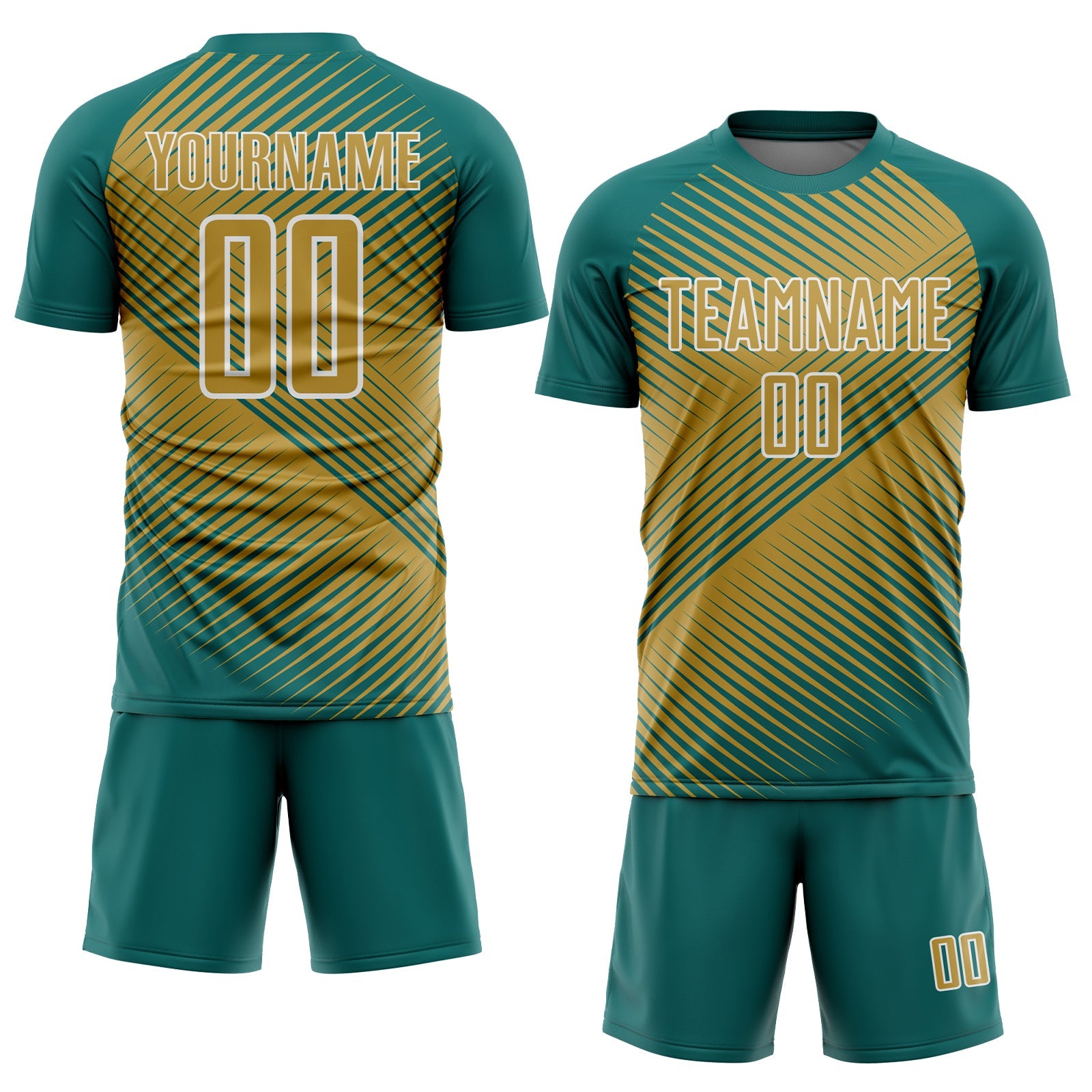 Custom Teal Old Gold-White Line Sublimation Soccer Uniform Jersey view 2
