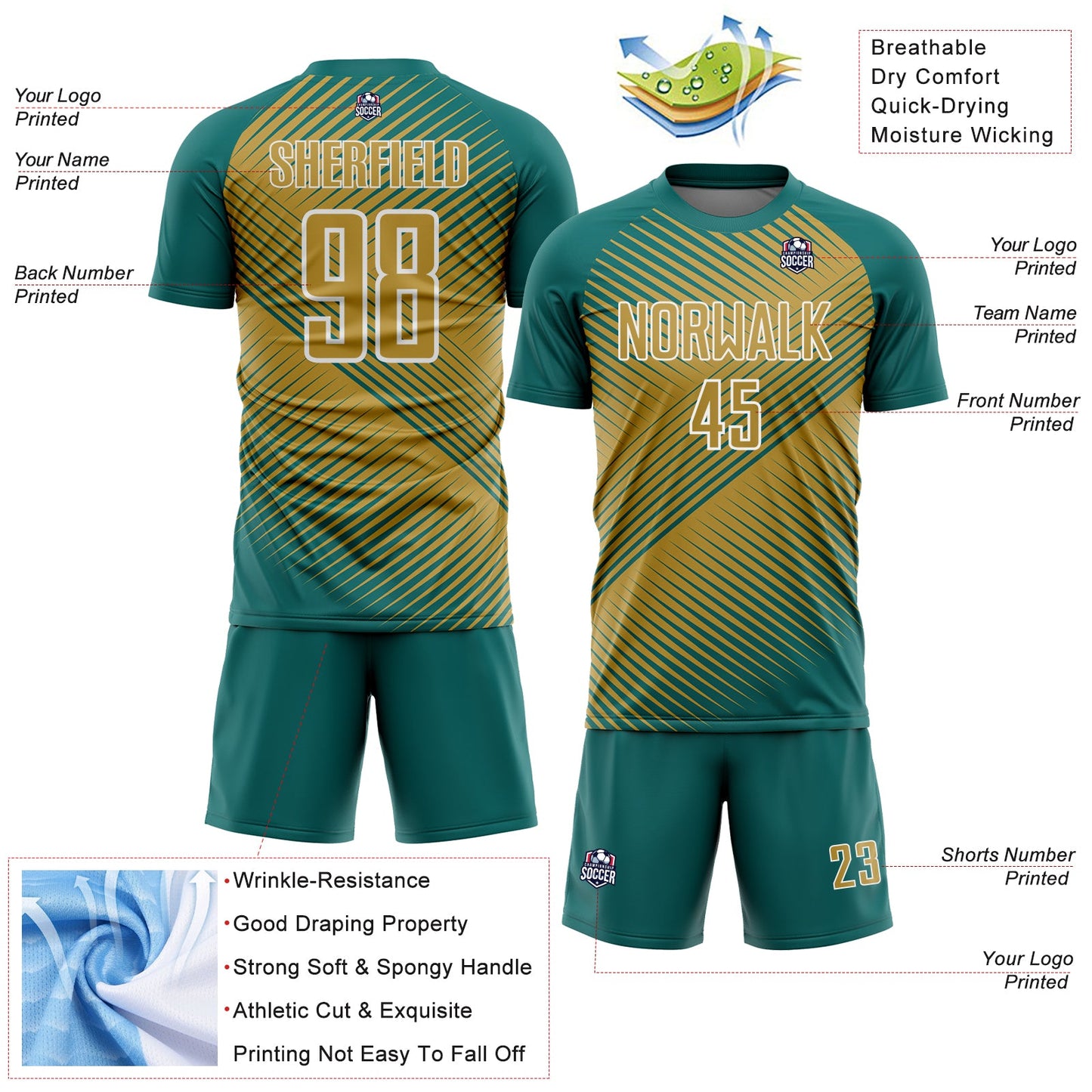 Custom Teal Old Gold-White Line Sublimation Soccer Uniform Jersey view 4