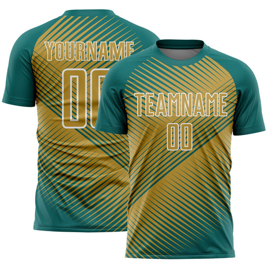 Custom Teal Old Gold-White Line Sublimation Soccer Uniform Jersey - Main View