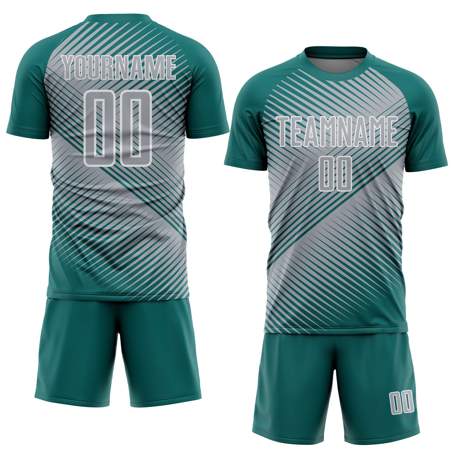 Custom Teal Gray-White Line Sublimation Soccer Uniform Jersey view 2
