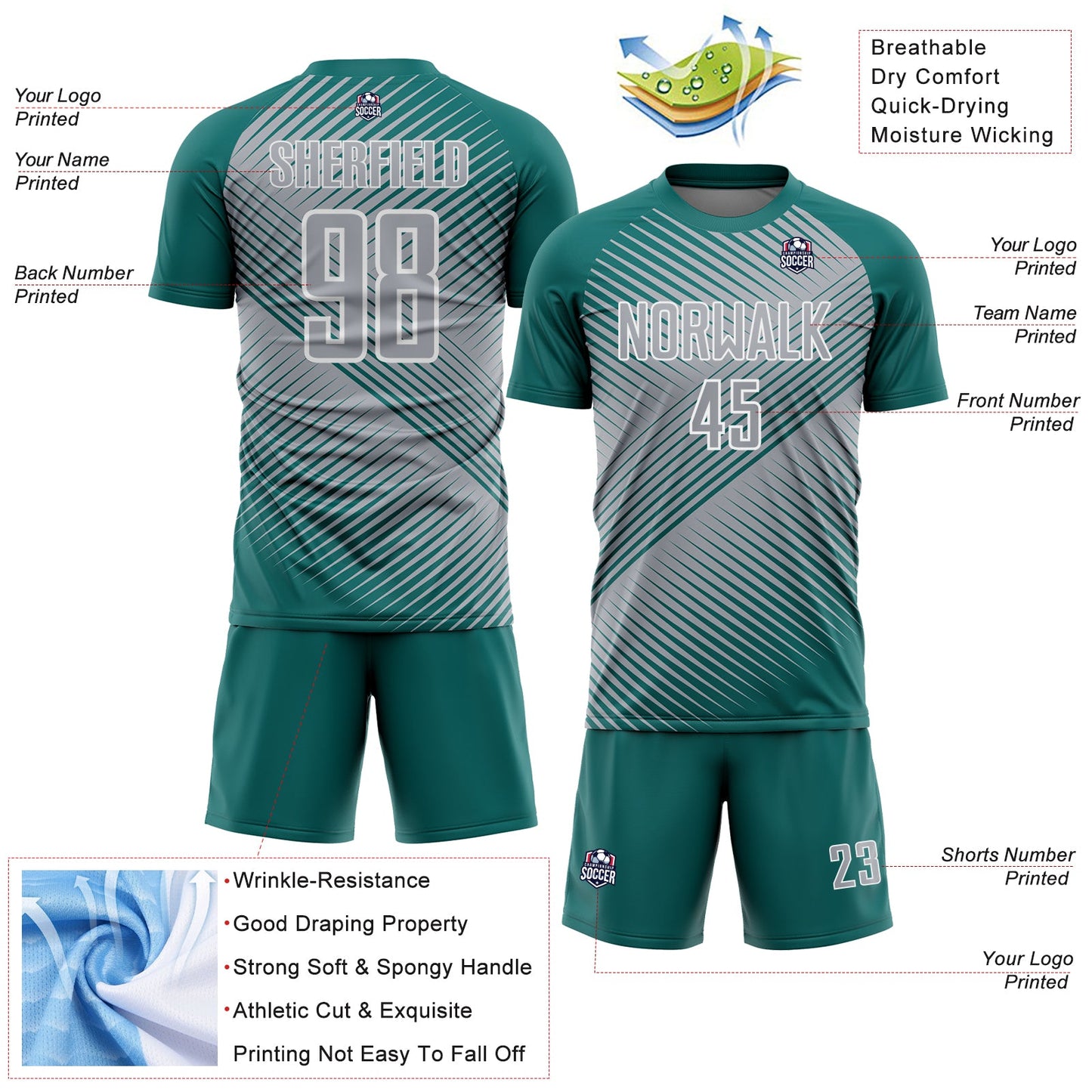 Custom Teal Gray-White Line Sublimation Soccer Uniform Jersey view 4