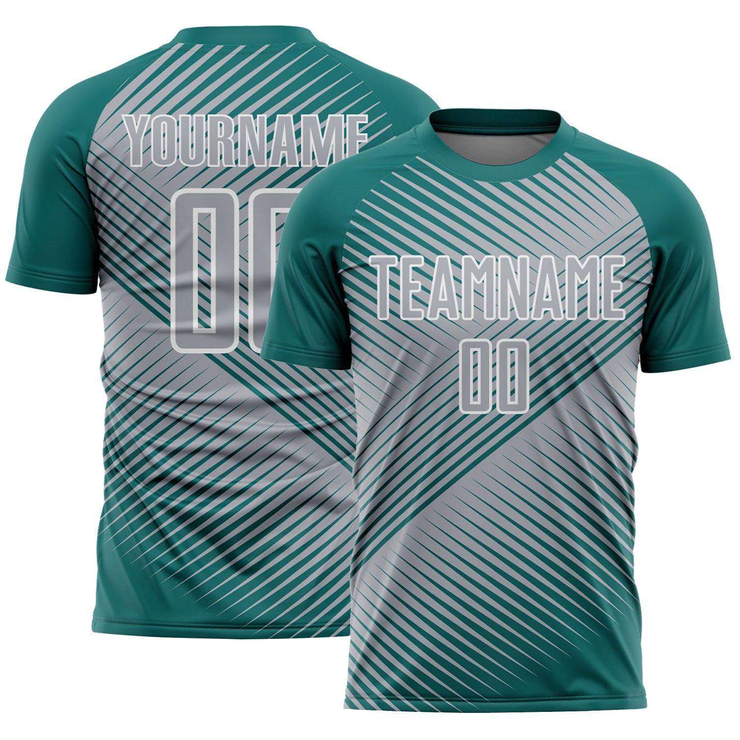 Custom Teal Gray-White Line Sublimation Soccer Uniform Jersey - Main View
