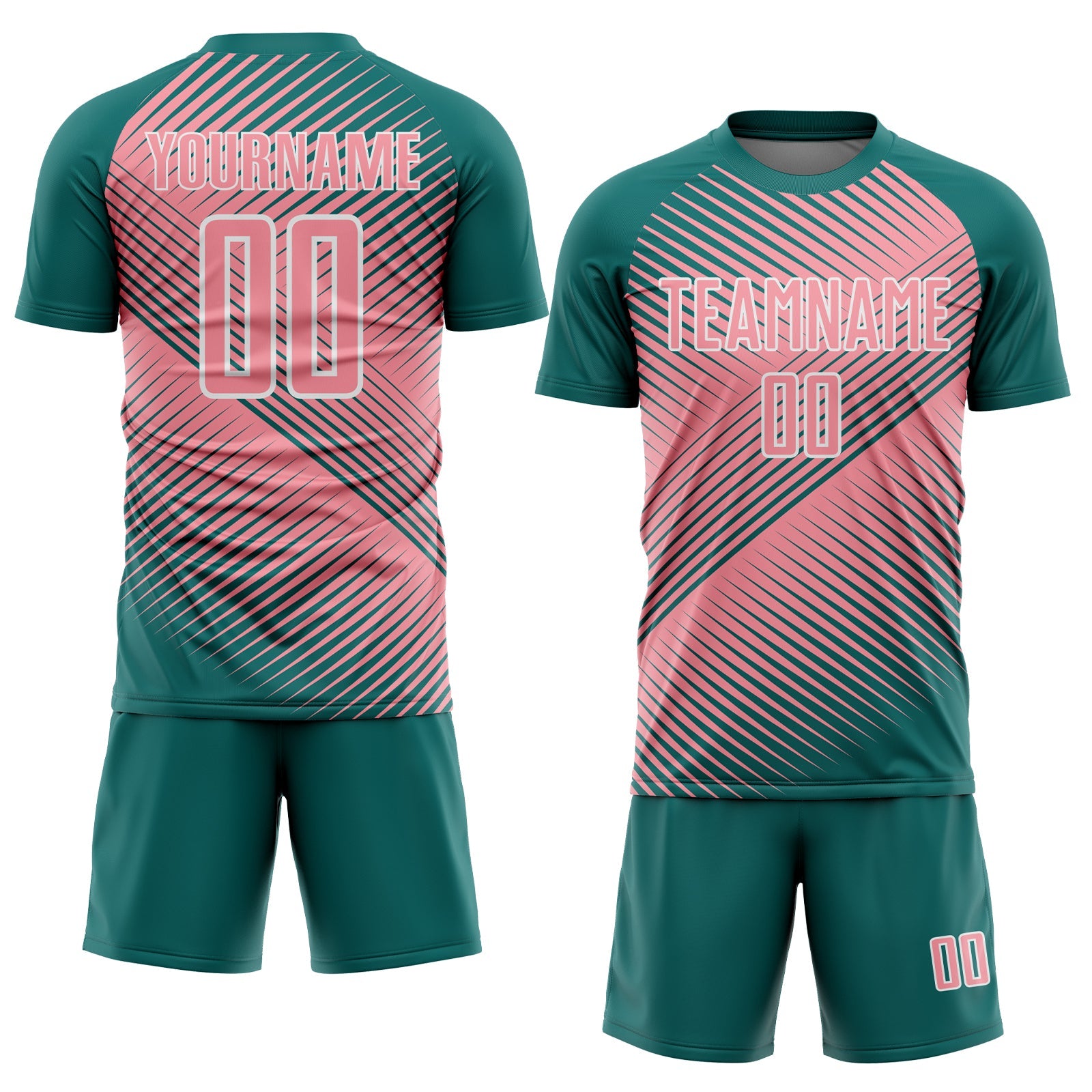 Custom Teal Medium Pink-White Line Sublimation Soccer Uniform Jersey view 2