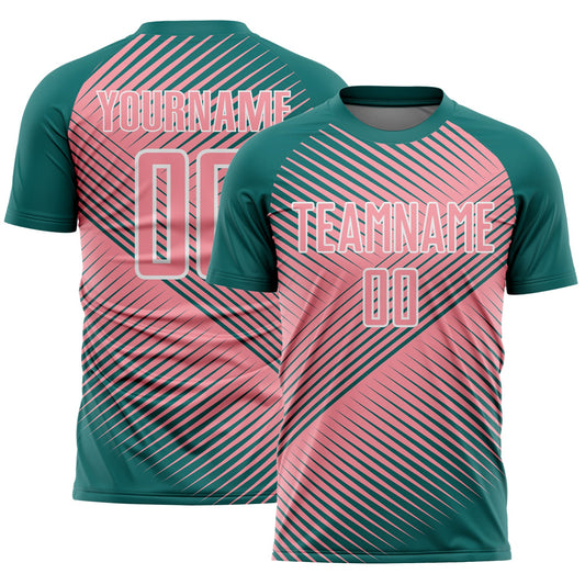 Custom Teal Medium Pink-White Line Sublimation Soccer Uniform Jersey - Main View