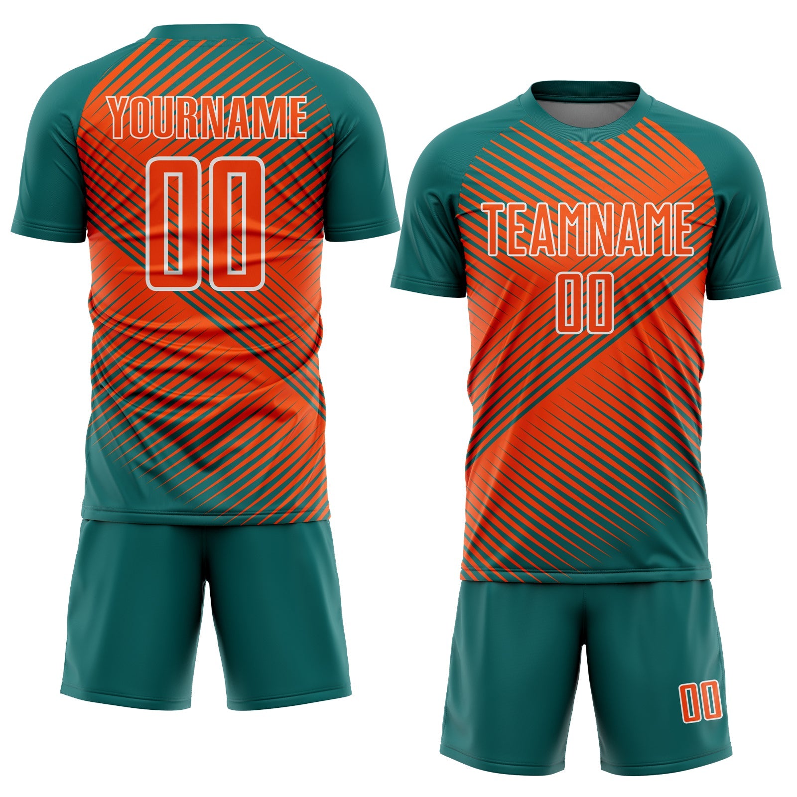 Custom Teal Orange-White Line Sublimation Soccer Uniform Jersey view 2
