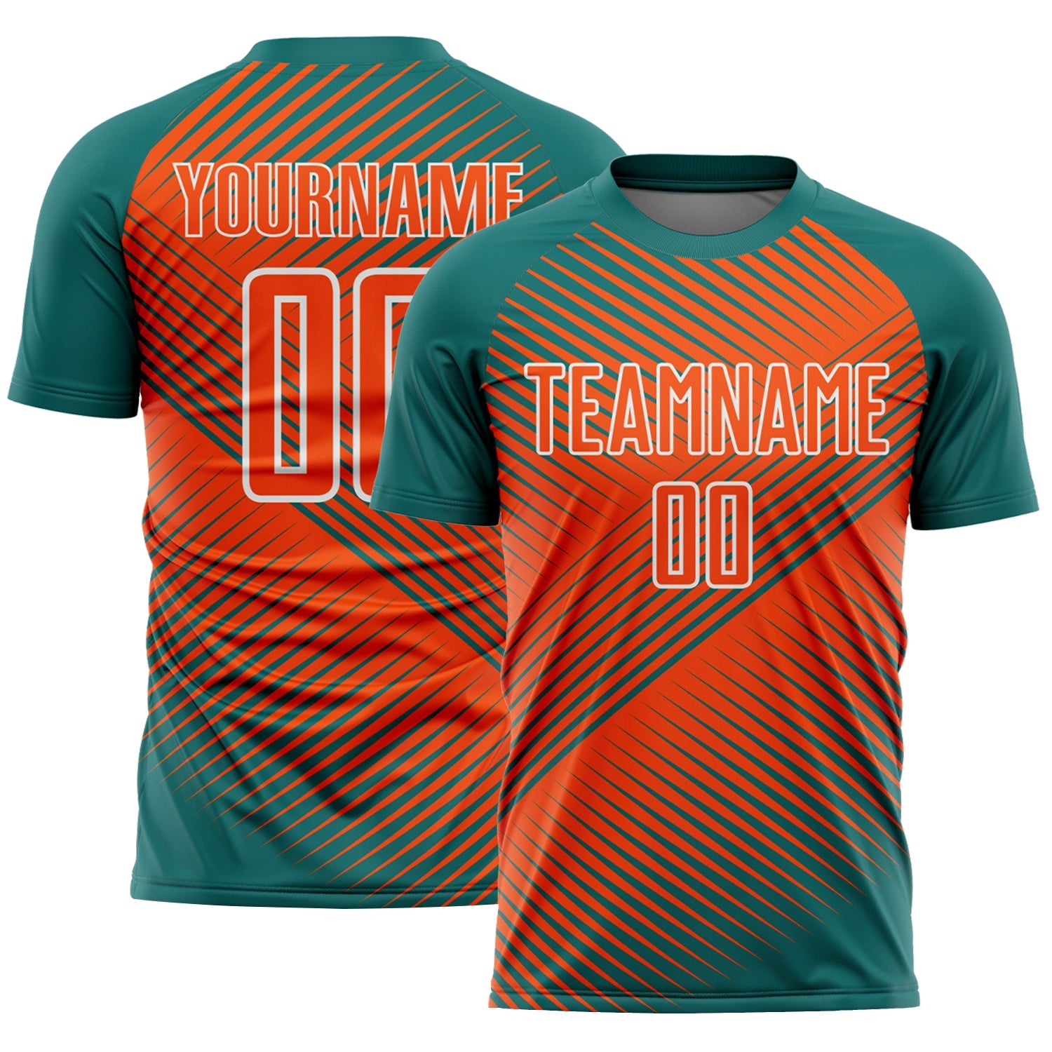 Custom Teal Orange-White Line Sublimation Soccer Uniform Jersey - Main View