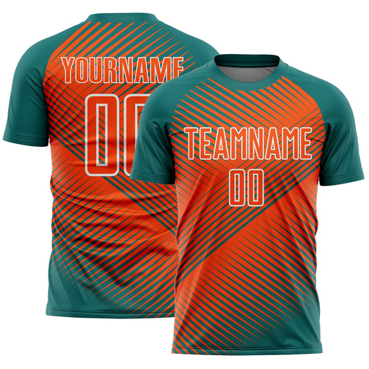 Custom Teal Orange-White Line Sublimation Soccer Uniform Jersey - Main View