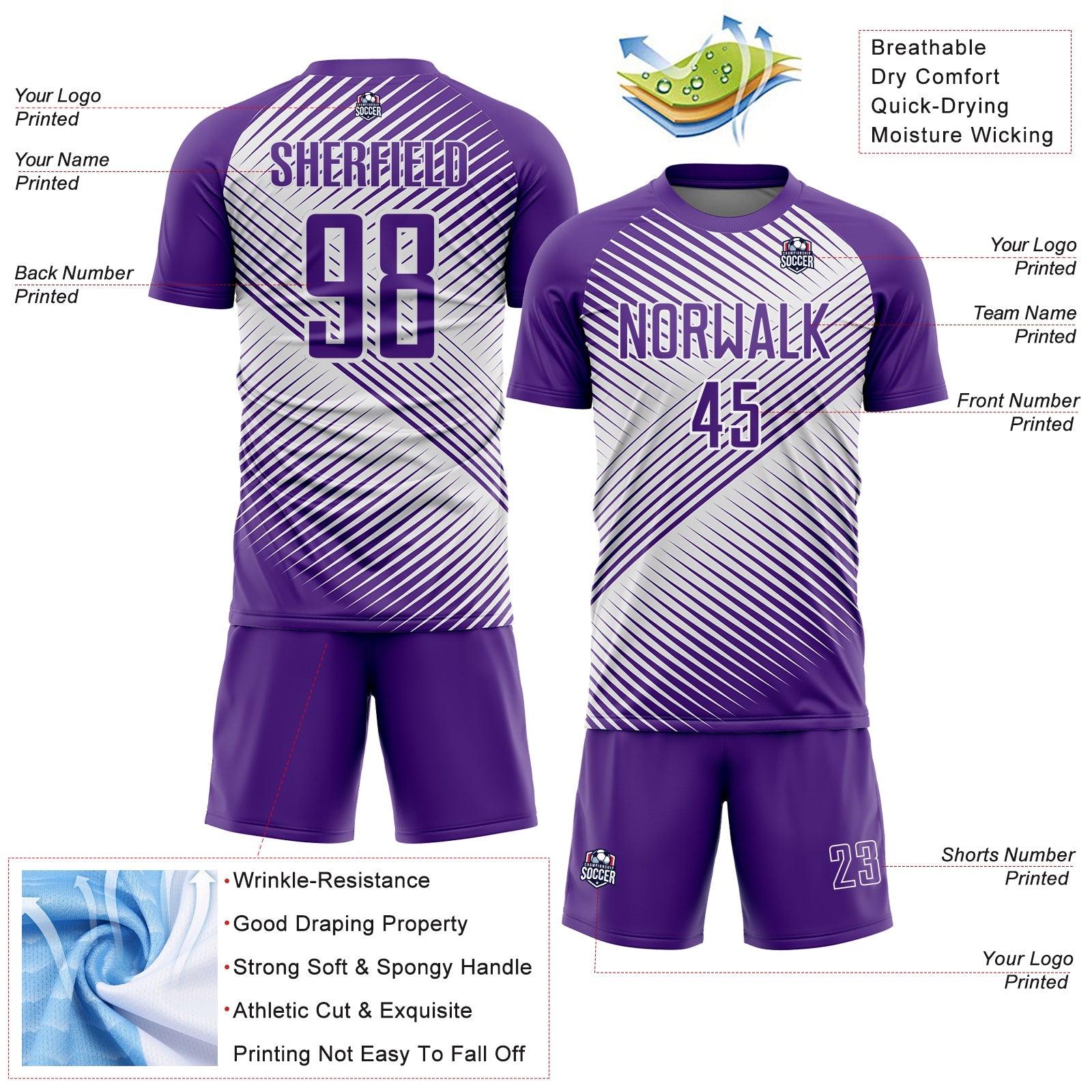 Custom Purple White Line Sublimation Soccer Uniform Jersey view 4