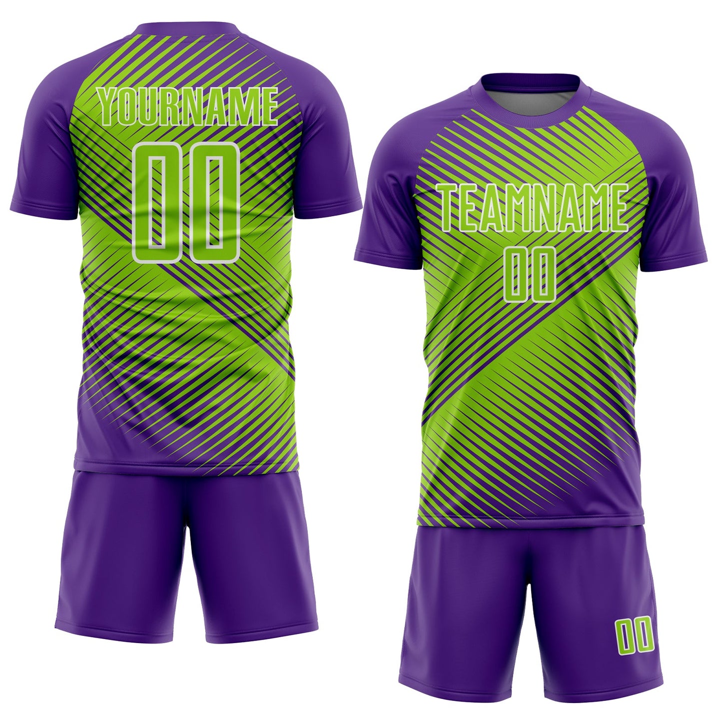 Custom Purple Neon Green-White Line Sublimation Soccer Uniform Jersey view 2