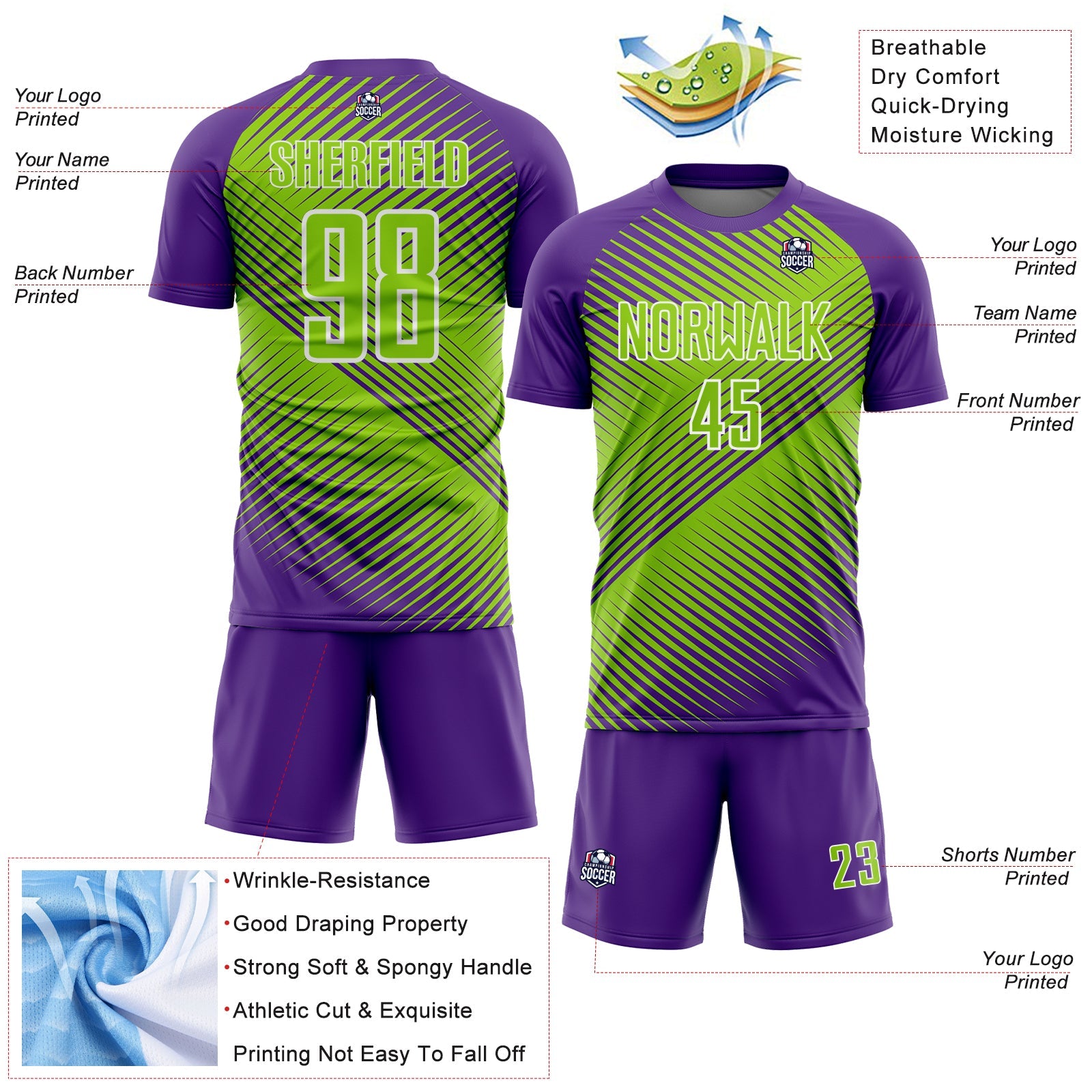 Custom Purple Neon Green-White Line Sublimation Soccer Uniform Jersey view 4