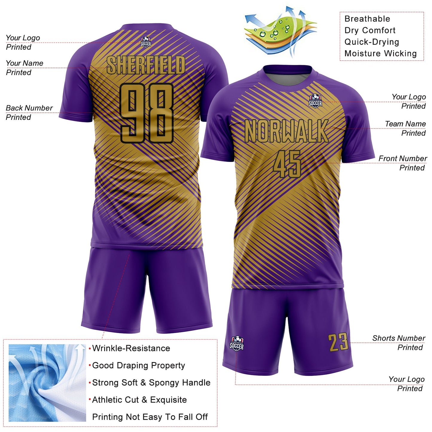 Custom Purple Old Gold-Black Line Sublimation Soccer Uniform Jersey view 4